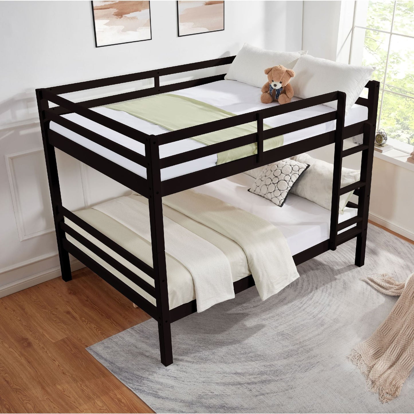 Durable Full Over Full Wood Bunk Bed with Thick Posts, High Guardrail, Ladder, Espresso | Just Better Bunk Beds