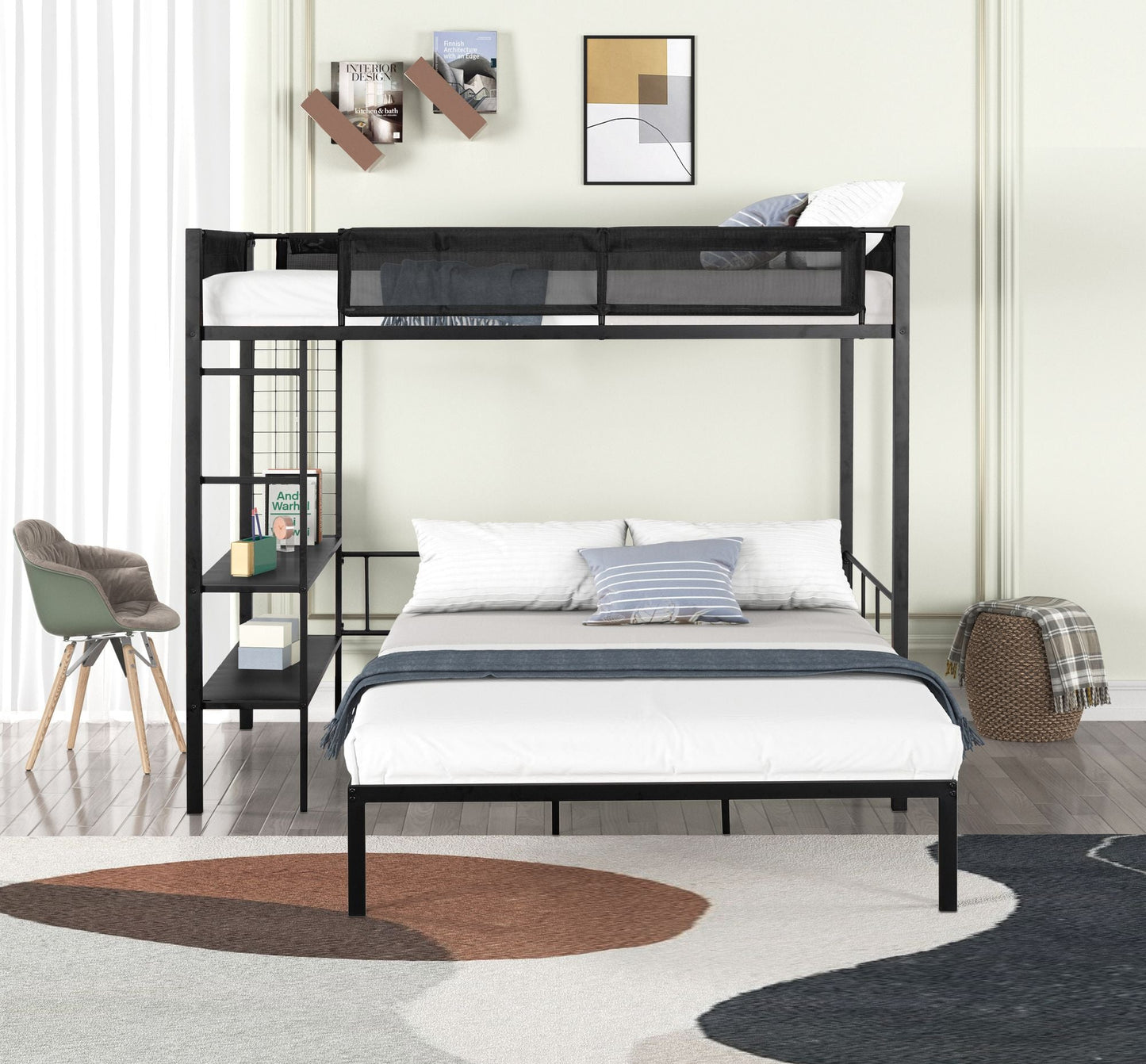 Heavy-Duty Twin Over Full Metal and Wood Bunk Bed with Shelves, Grid Panel, and Noise-Free Wood Slats, Black | Just Better Bunk Beds