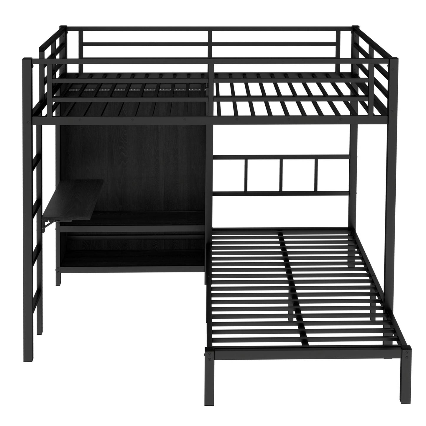 Space-Saving Full XL Over Twin Metal Bunk Bed with Folding Desk and LED Closet, Black | Just Better Bunk Beds