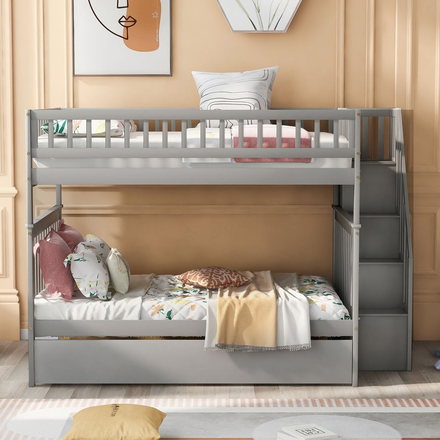 Staircase Storage Full Over Full Wood Bunk Bed with Trundle, Gray | Just Better Bunk Beds
