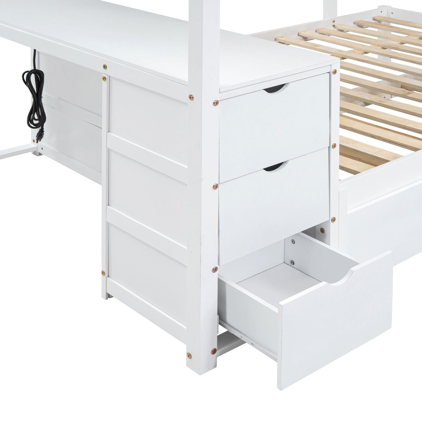 Multi-Functional Full Over Full Wood Bunk Bed with Twin Trundle, Storage, Desk, White | Just Better Bunk Beds