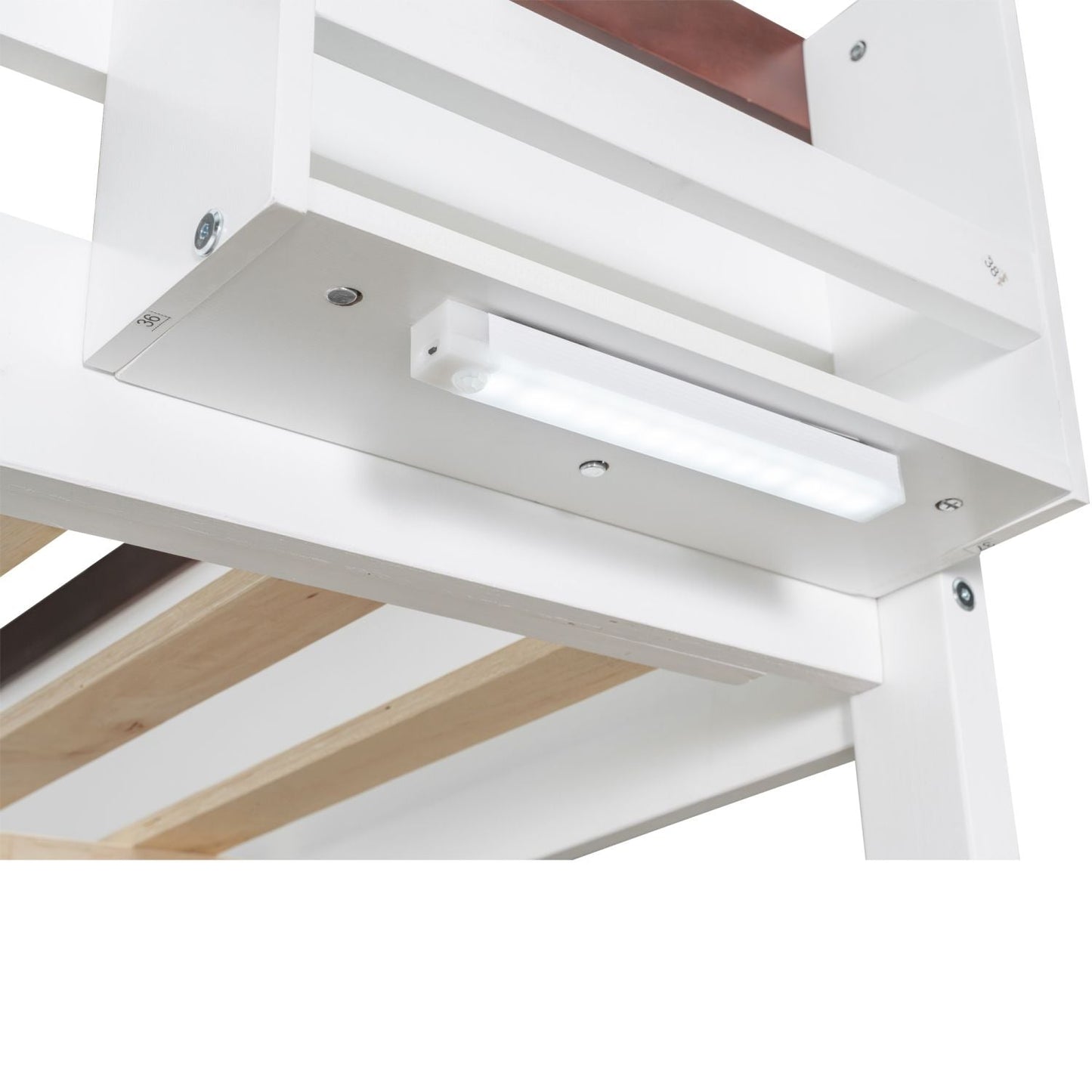Queen Size Wooden Bunk Bed with Built-in Shelves, Storage Box, LED Light and USB Charging Station, White