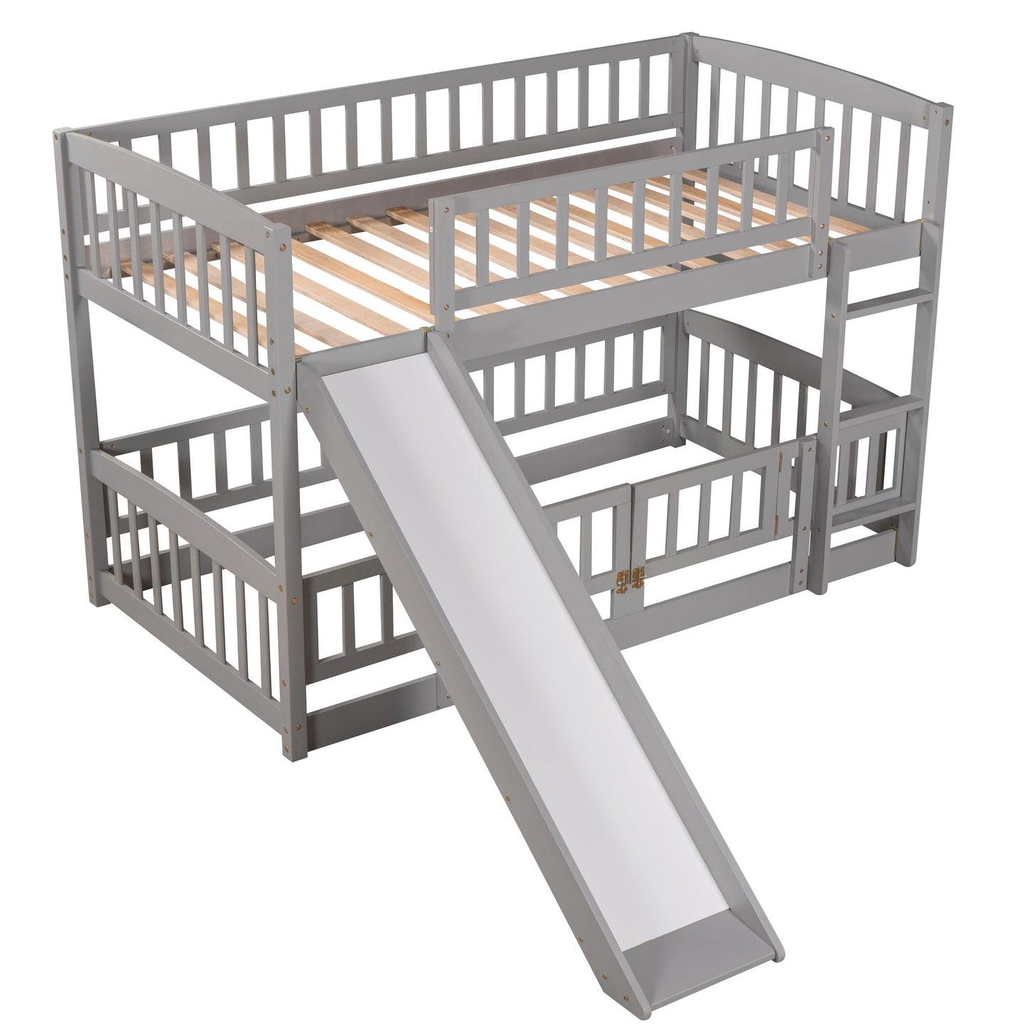 Kids Bedroom Twin Over Twin Wood Low Bunk Bed with Slide, Fence and Ladder, White | Just Better Bunk Beds