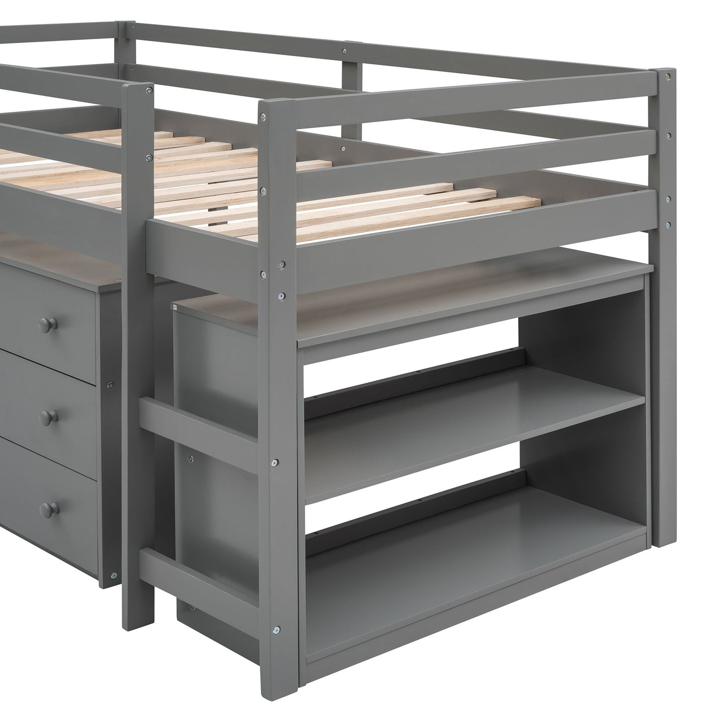 Kids Bedroom Twin Wood Loft Bed with Cabinet and Rolling Desk, White | Just Better Bunk Beds