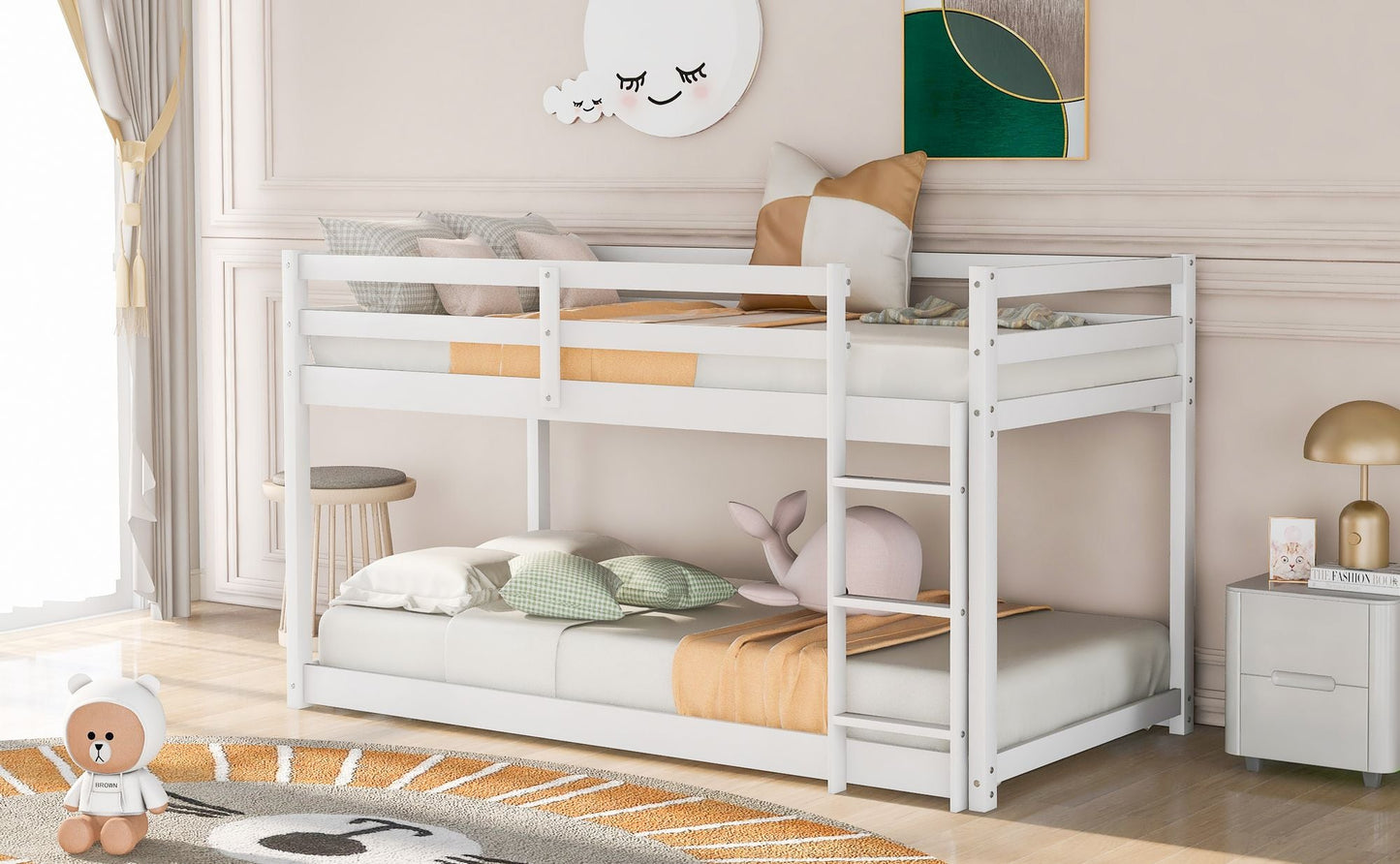 Low Profile Twin Over Twin Wood Floor Bunk Bed, White with Ladder | Just Better Bunk Beds