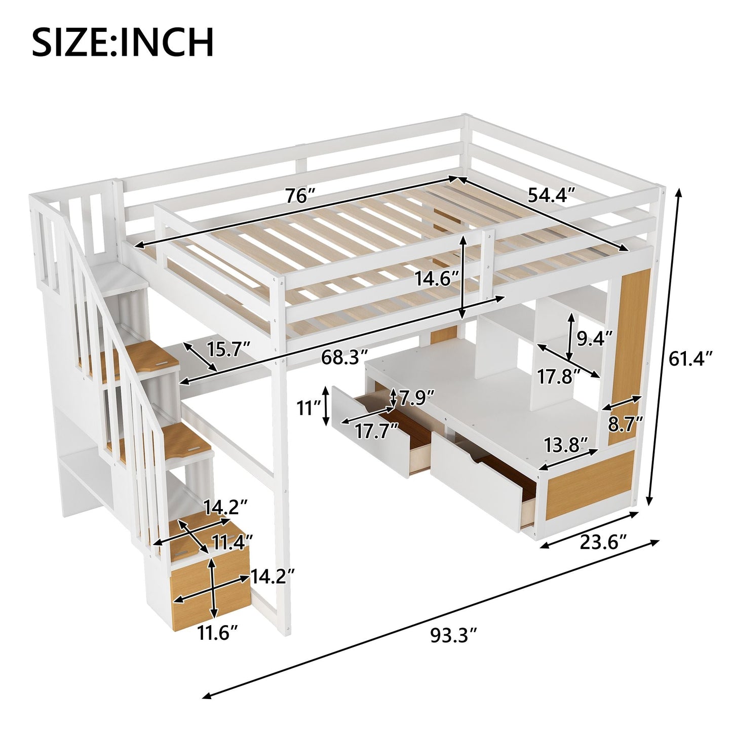 Space-Saving Full Wood Loft Bed with Desk, Shelves, Drawers, Storage Staircase, White and Natural | Just Better Bunk Beds
