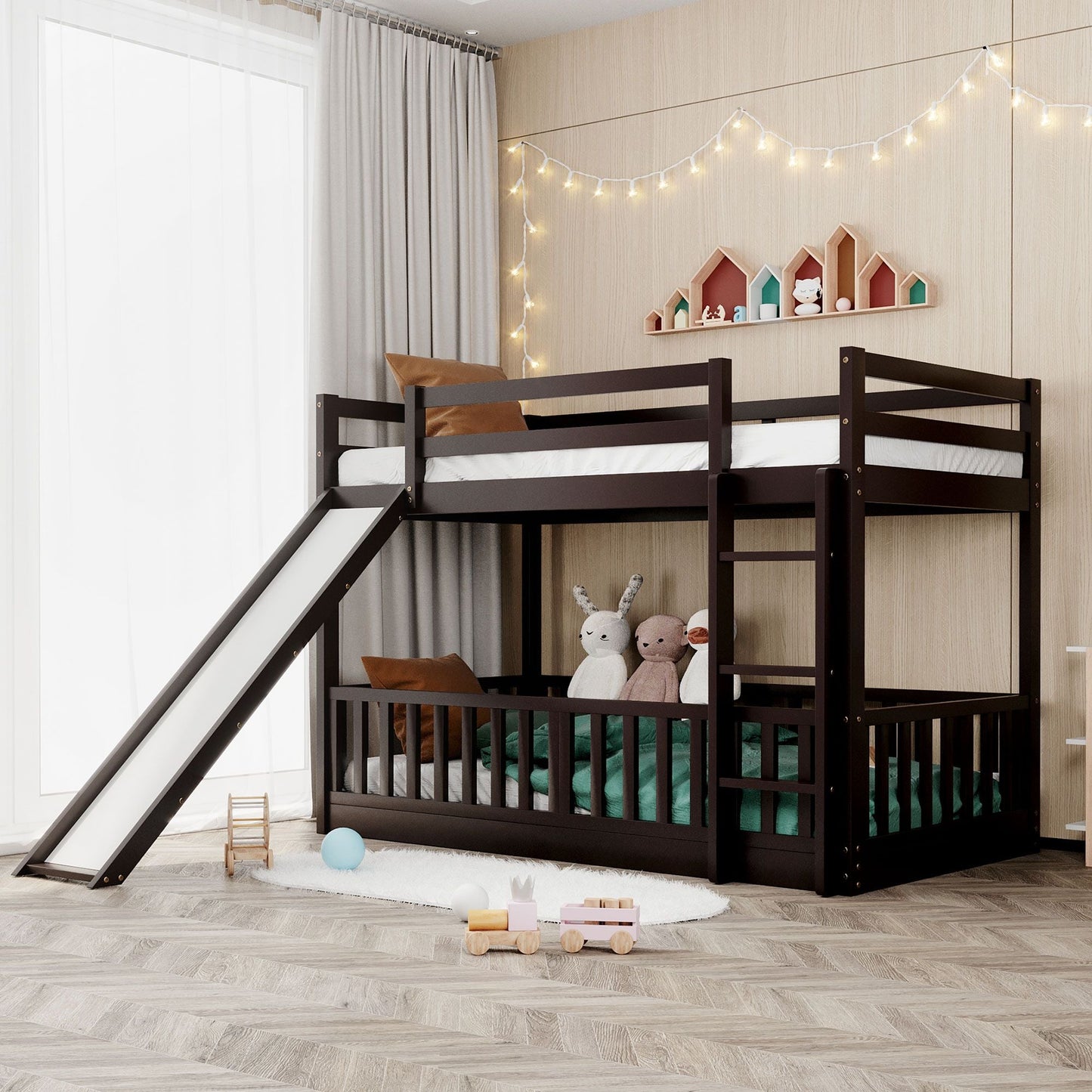Kids Bedroom Twin Over Twin Wood Bunk Bed with Slide and Ladder, White | Just Better Bunk Beds