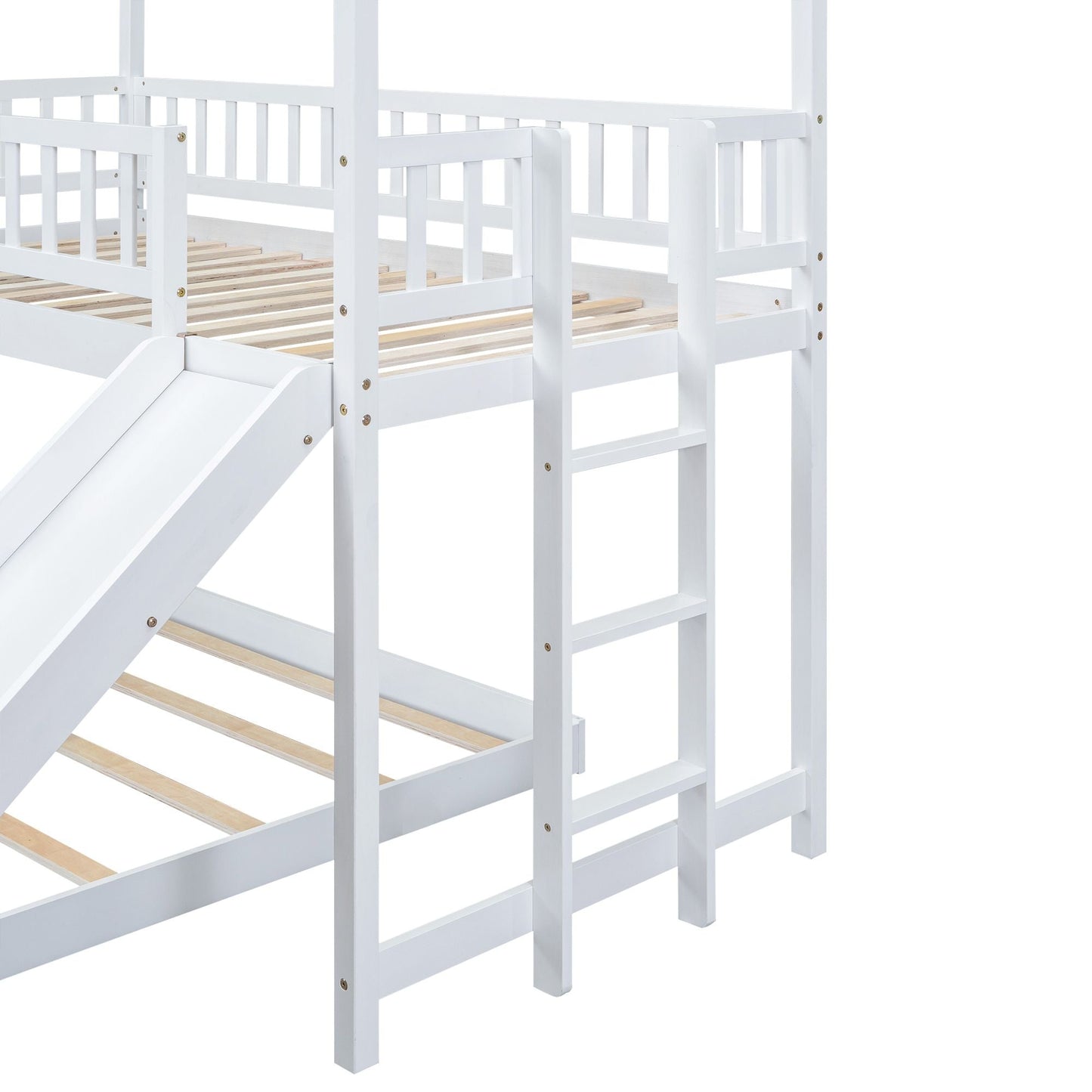 Twin over Full House Bunk Bed with Slide and Built-in Ladder,  Full-Length Guardrail