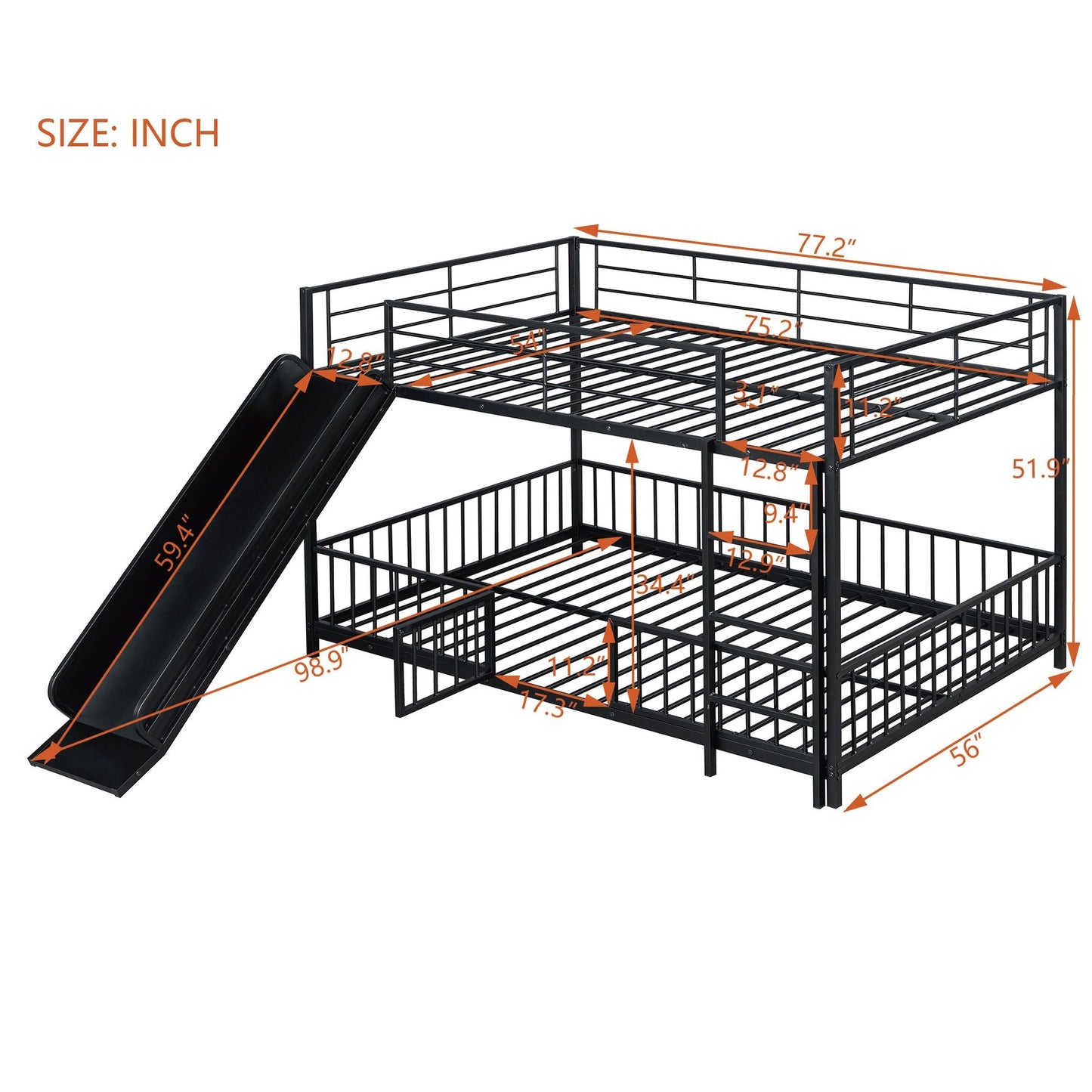 Full over Full Size Metal Bunk Bed with Slide and Guardrails,  Black
