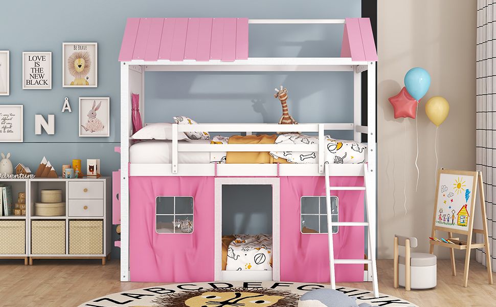 Kids Bedroom Twin Wood House-Style Bunk Bed with Elegant Windows, Sills and Tent, Pink and White | Just Better Bunk Beds