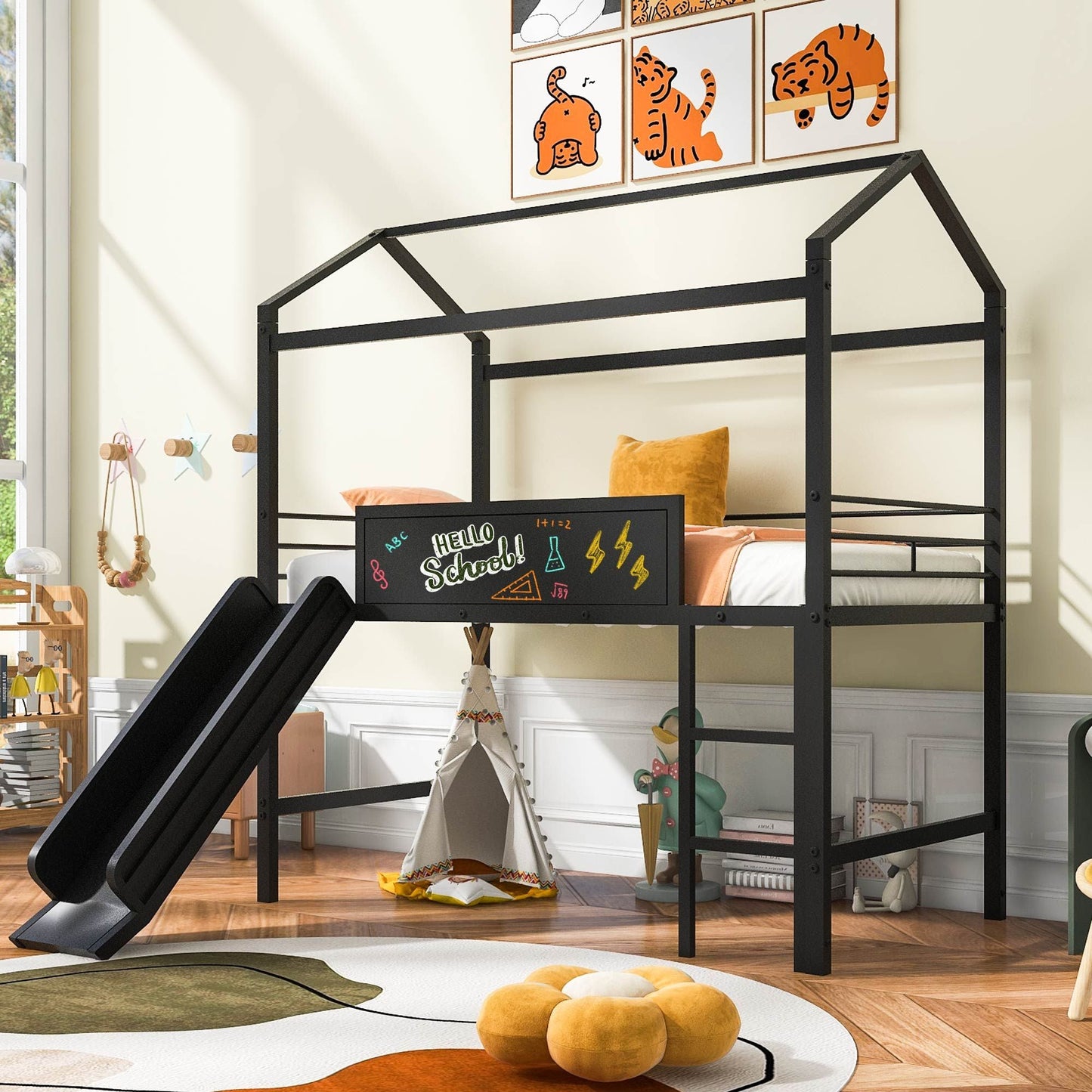 Metal House Bed With Slide,  Twin Size Metal Loft Bed with Two-sided writable Wooden Board (Black )