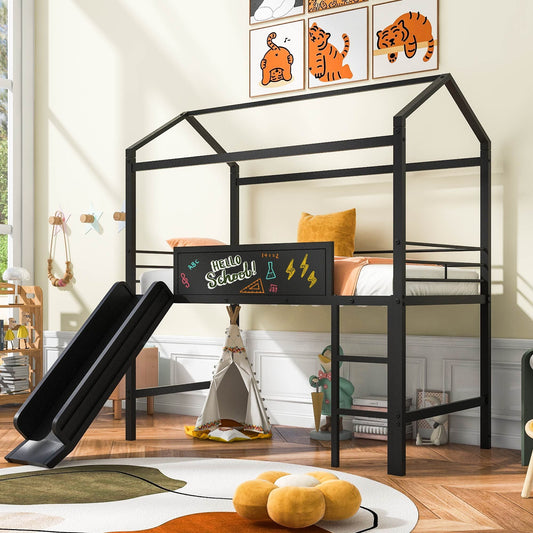 Metal House Bed With Slide,  Twin Size Metal Loft Bed with Two-sided writable Wooden Board (Black )
