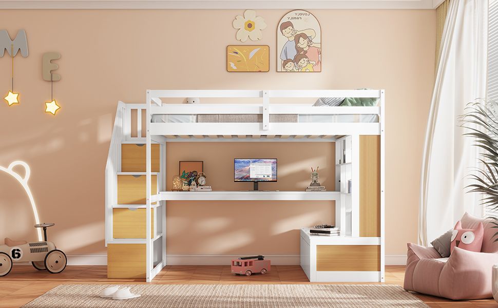 Space-Saving Full Wood Loft Bed with Desk, Shelves, Drawers, Storage Staircase, White and Natural | Just Better Bunk Beds