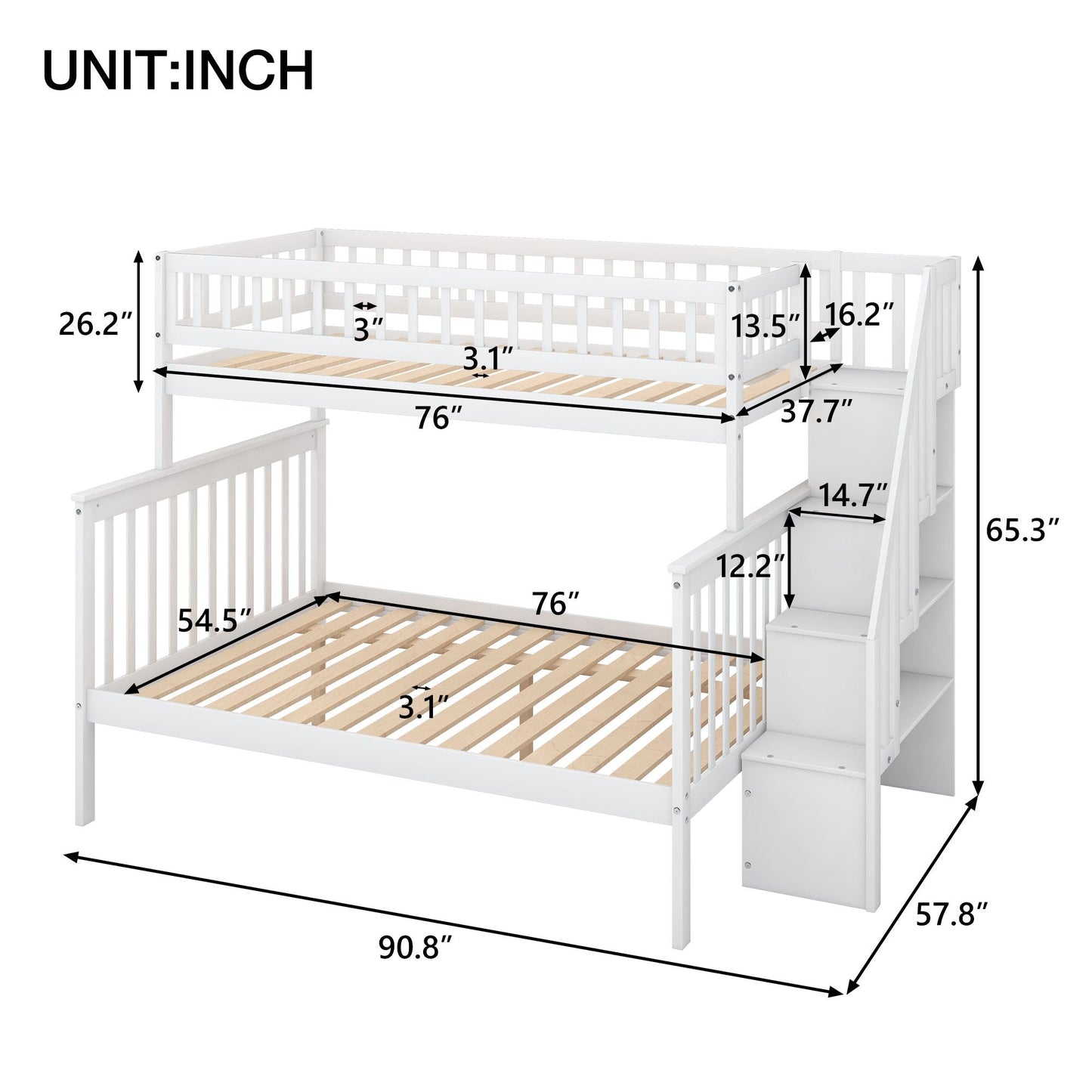 Twin over Full Stairway Bunk Bed with storage,  White