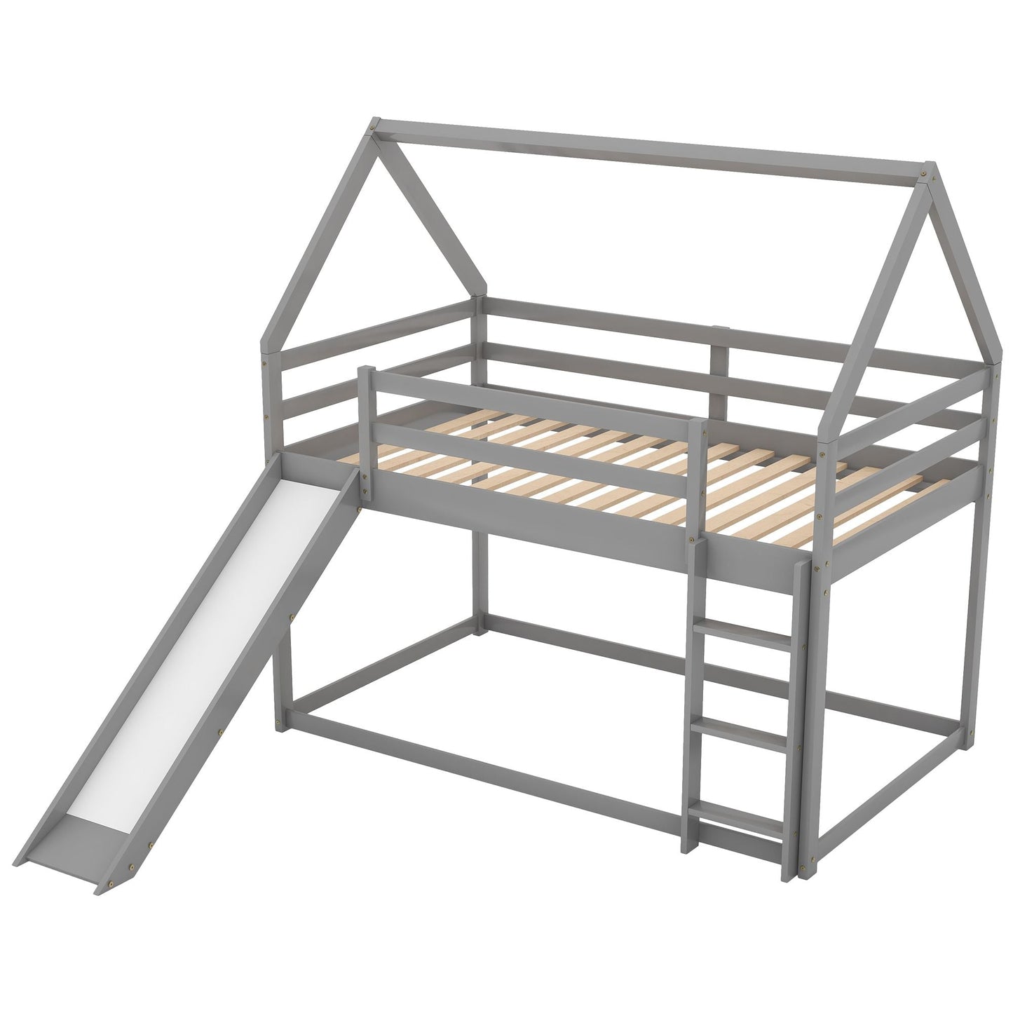 Twin Size Bunk House Bed with Slide and Ladder, Gray