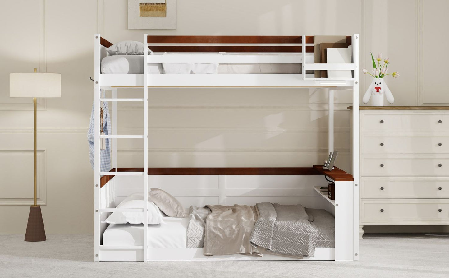 Queen Size Wooden Bunk Bed with Built-in Shelves, Storage Box, LED Light and USB Charging Station, White