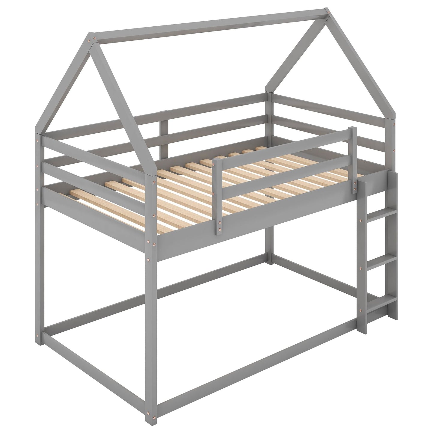 House-Style Low Twin Over Twin Wood Bunk Bed with Ladder, Gray | Just Better Bunk Beds