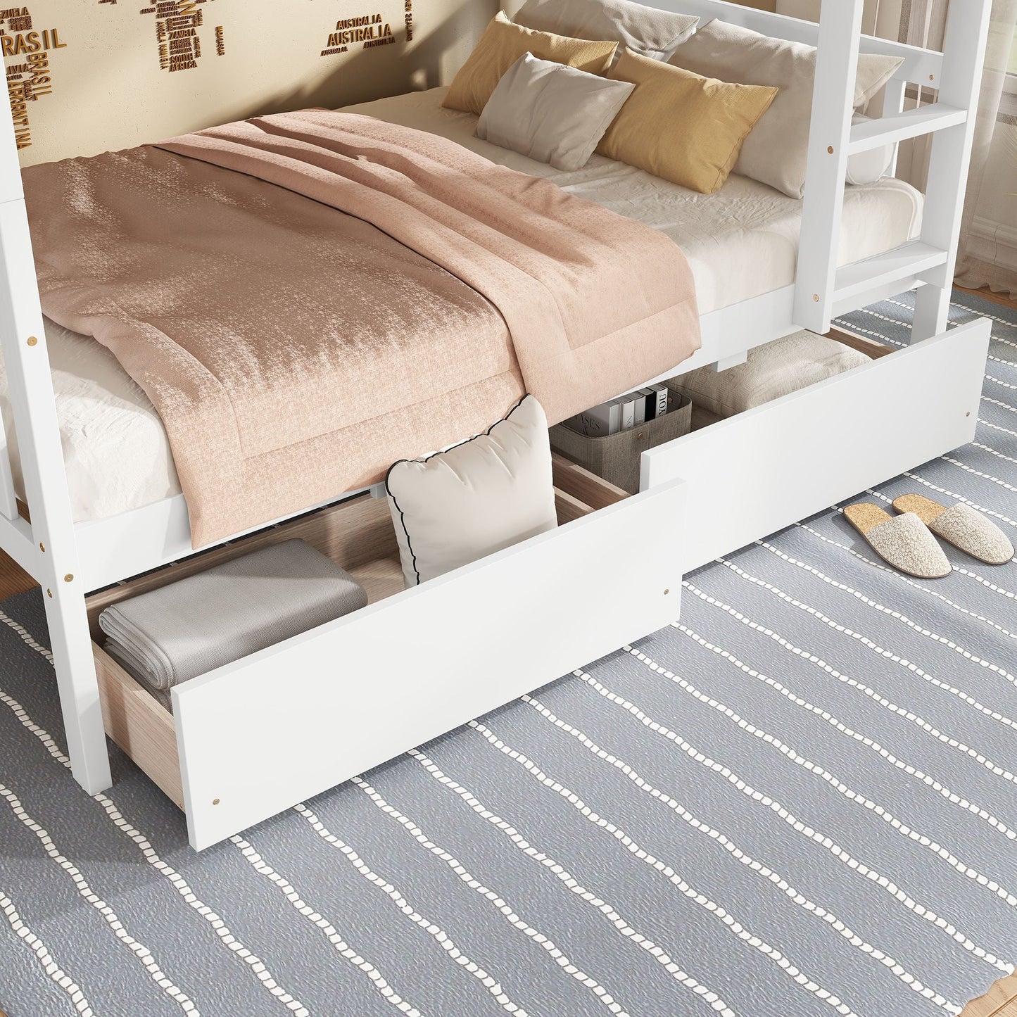 Convertible Twin Over Twin Rubber Wood Bunk Bed with 2 Drawers, Ladder, Safety Guardrails, Gray | Just Better Bunk Beds