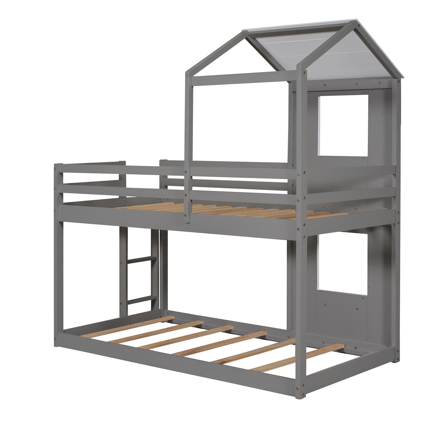 Twin Over Twin Bunk Bed Wood Bed with Roof,  Window,  Guardrail,  Ladder White