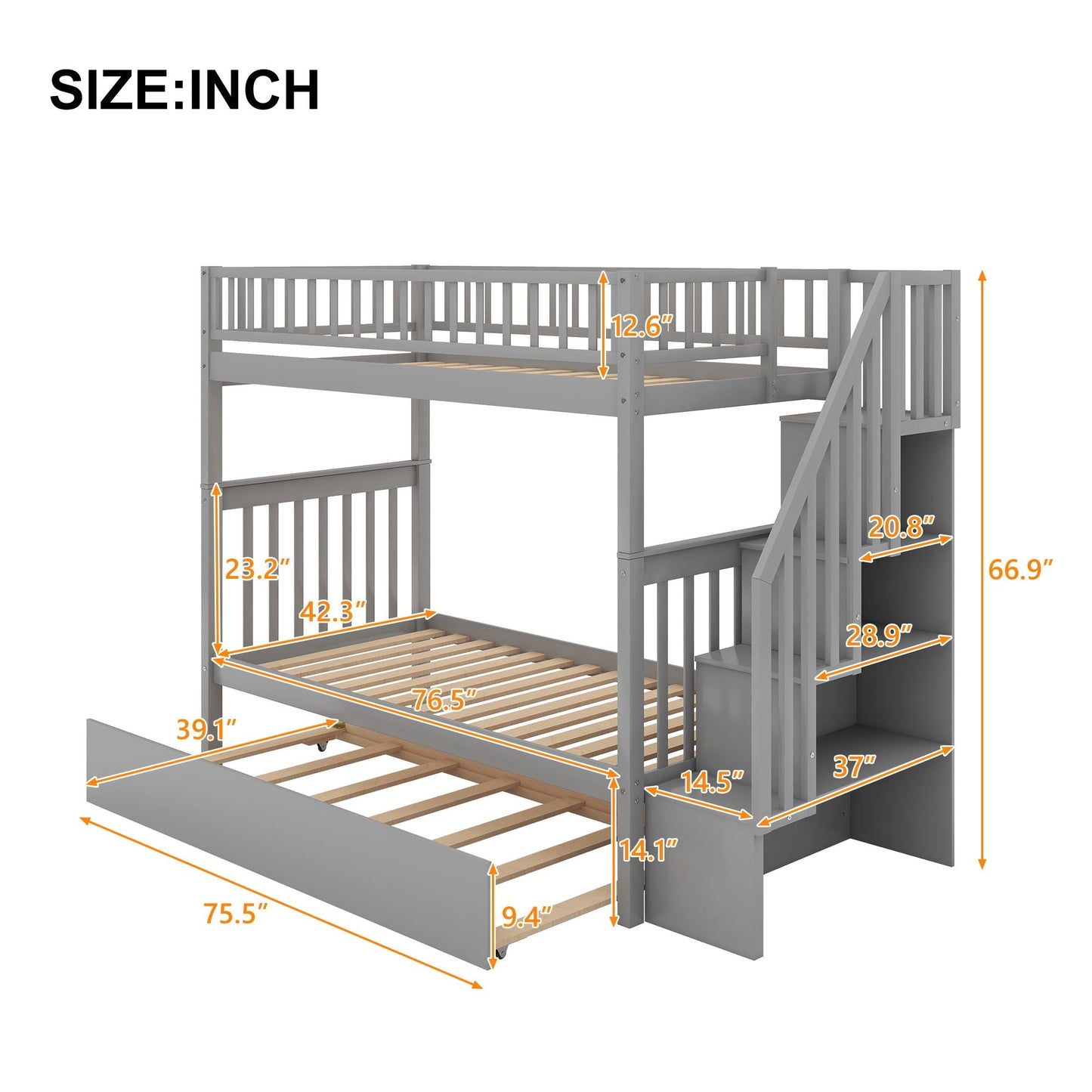 Twin over Twin Bunk Bed with Trundle and Storage
