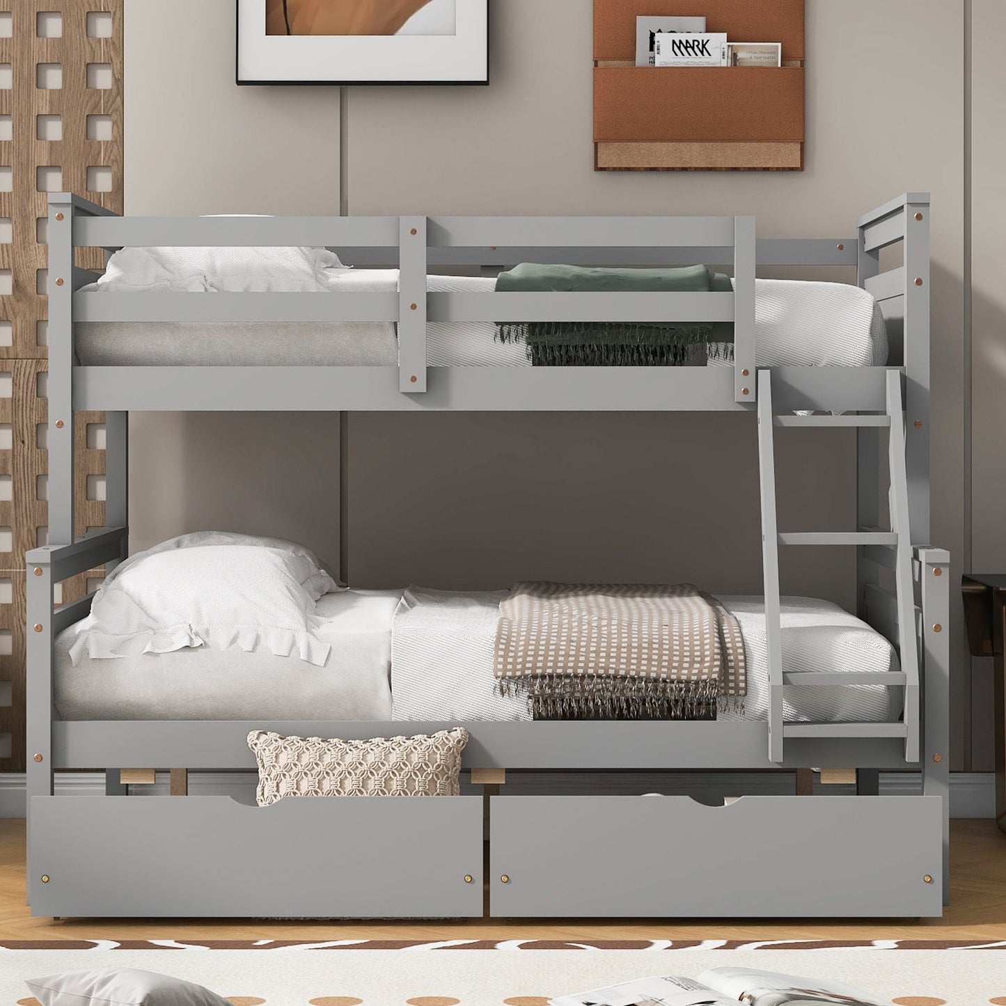 Heavy-Duty Twin Over Full Wood Bunk Bed with Ladder, Storage Drawers, Safety Guardrail, Gray | Just Better Bunk Beds