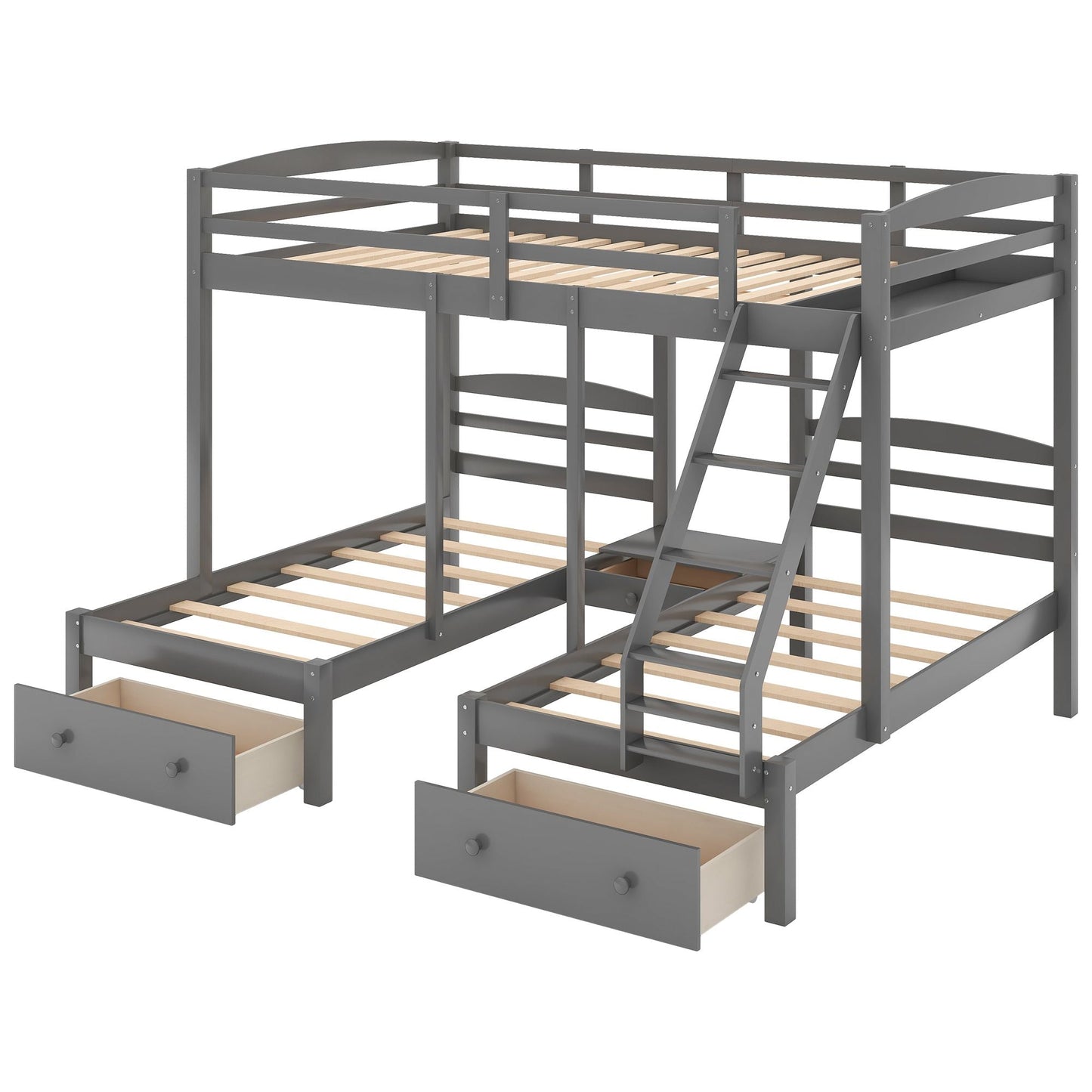 Triple Bunk Full Over Twin Over Twin Wood Bed with Drawers, Gray | Just Better Bunk Beds