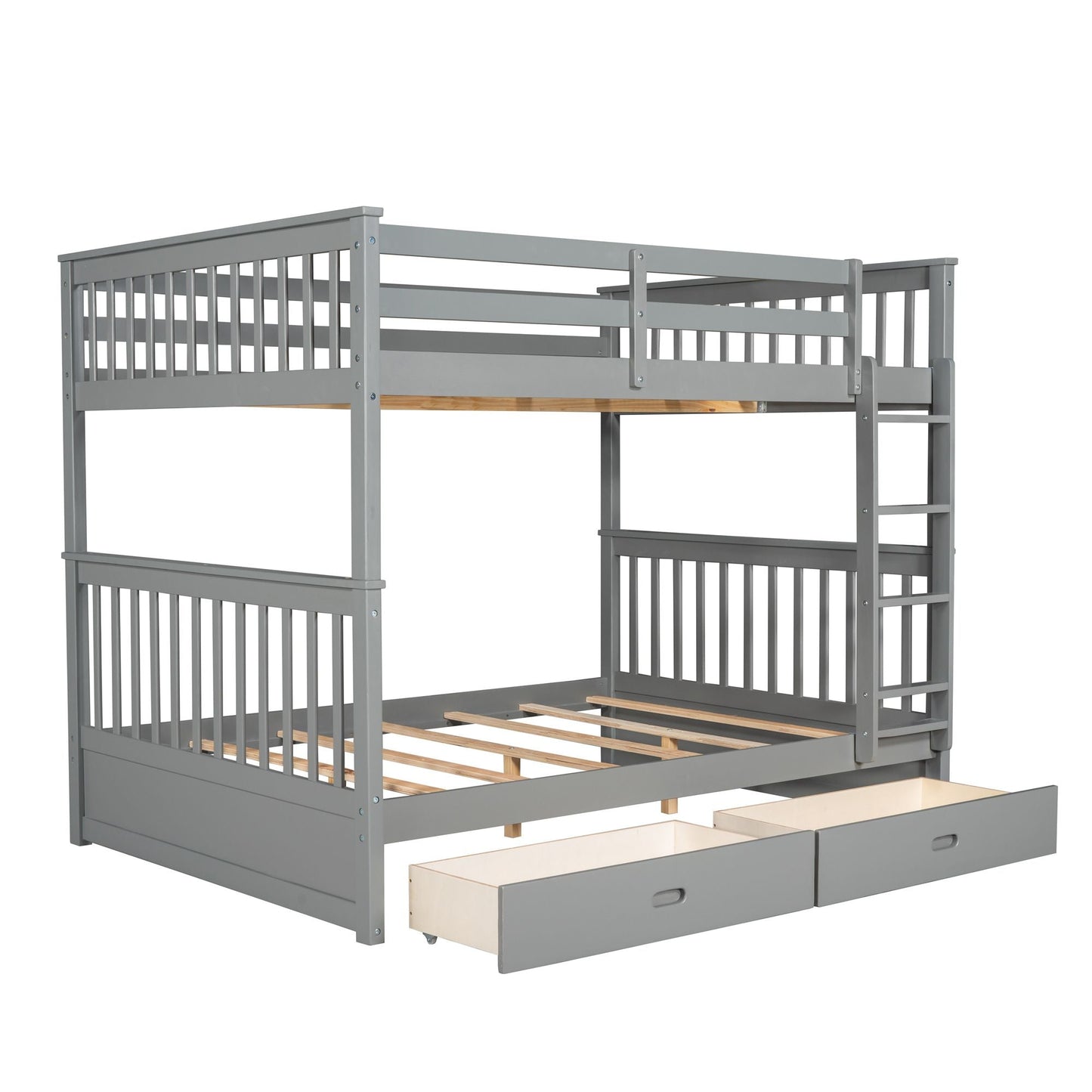 Storage-Enhanced Full Over Full Wood Bunk Bed with Ladders, Two Drawers, White | Just Better Bunk Beds