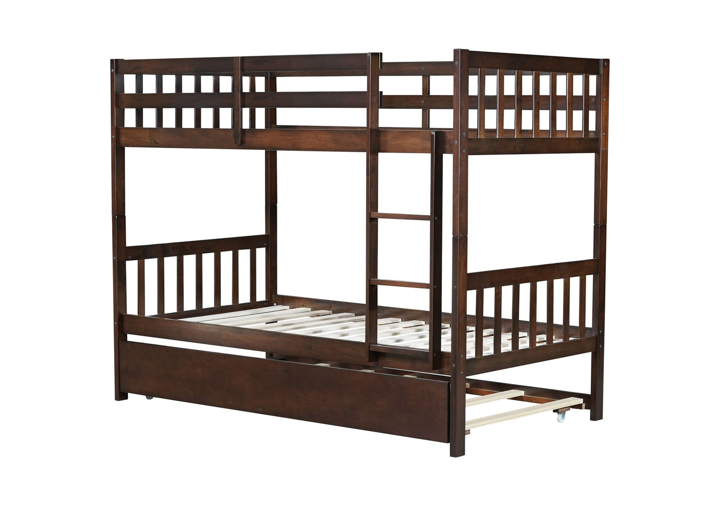 Convertible Twin Over Twin Rubber Wood Bunk Bed with Trundle, Ladder and Safety Guardrails, Espresso | Just Better Bunk Beds