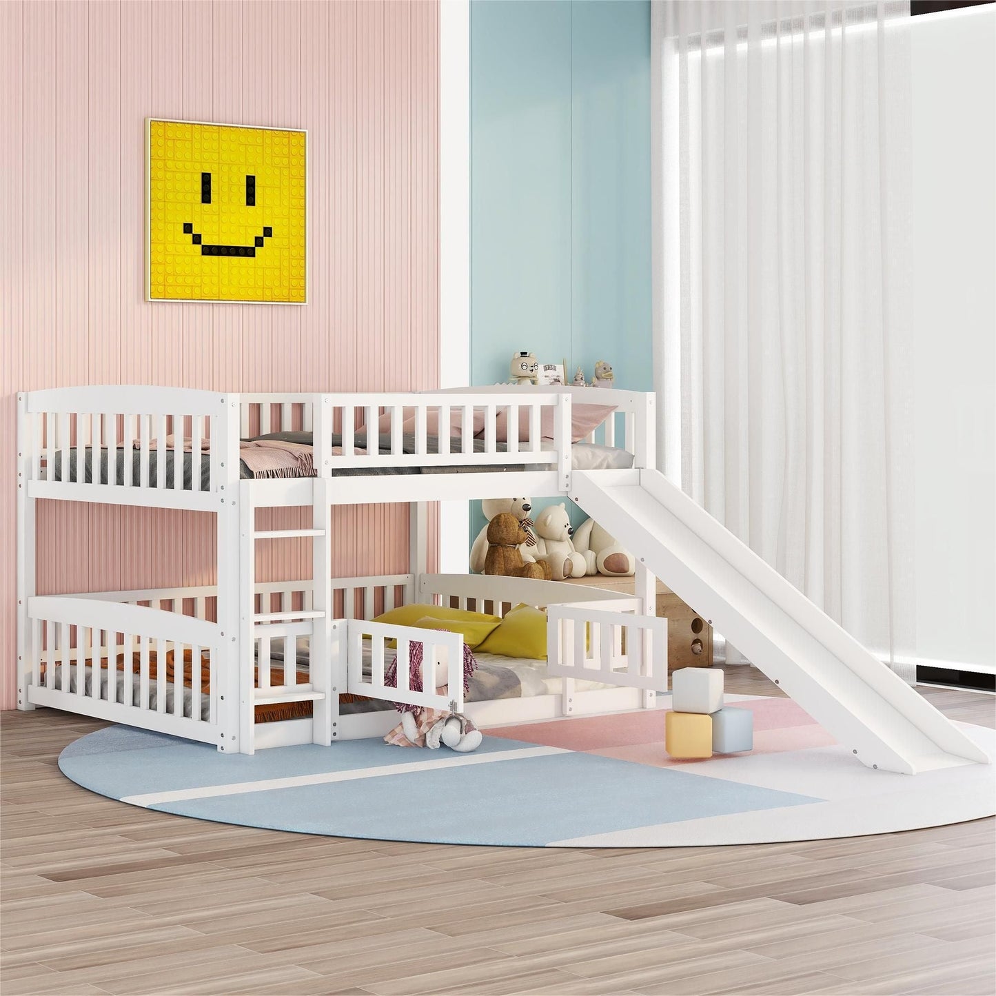 Kids Bedroom Full Over Full Wood Bunk Bed with Slide, Fence, Ladder, White | Just Better Bunk Beds