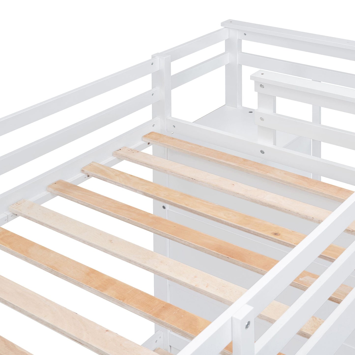 Shared Room Solution Twin Over Twin Wood Bunk Bed with Trundle and Staircase, White | Just Better Bunk Beds