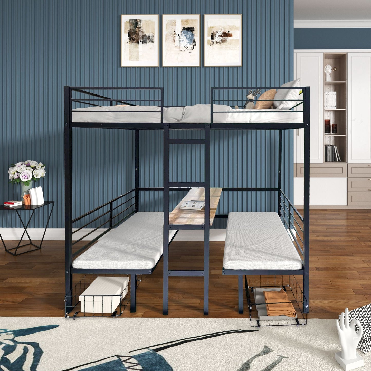 Transformable Full Over Full Wood Loft Bed with Table Set, Black | Just Better Bunk Beds