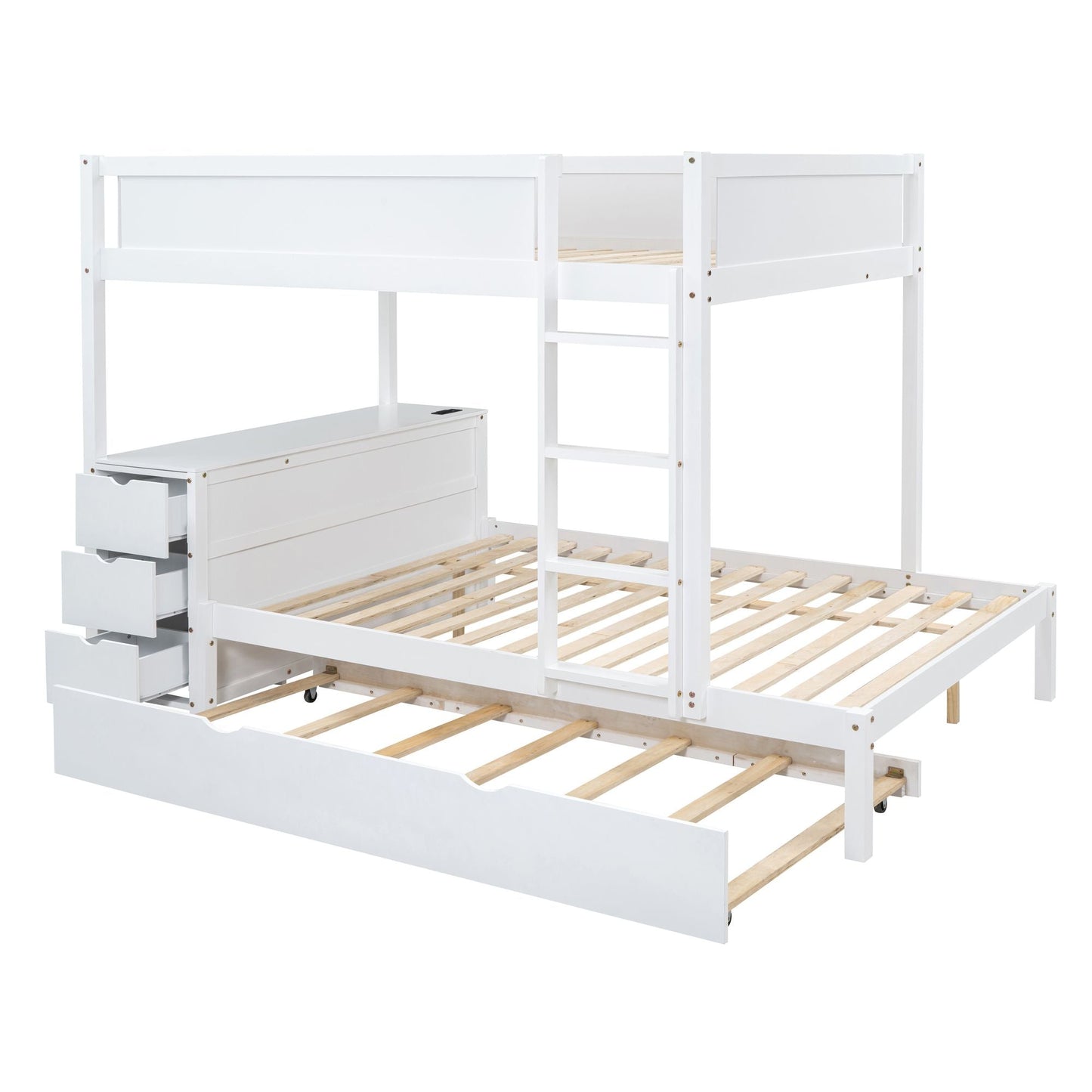 Multi-Functional Full Over Full Wood Bunk Bed with Twin Trundle, Storage, Desk, White | Just Better Bunk Beds