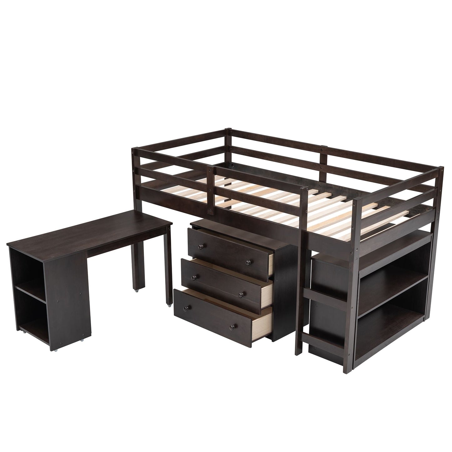 Kids Bedroom Twin Wood Loft Bed with Cabinet and Rolling Desk, White | Just Better Bunk Beds