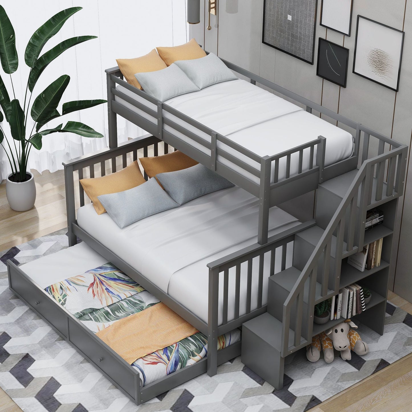 Stairway Twin-Over-Full Bunk Bed with Twin size Trundle,  Storage and Guard Rail for Bedroom,  Dorm,  for Adults,  Gray