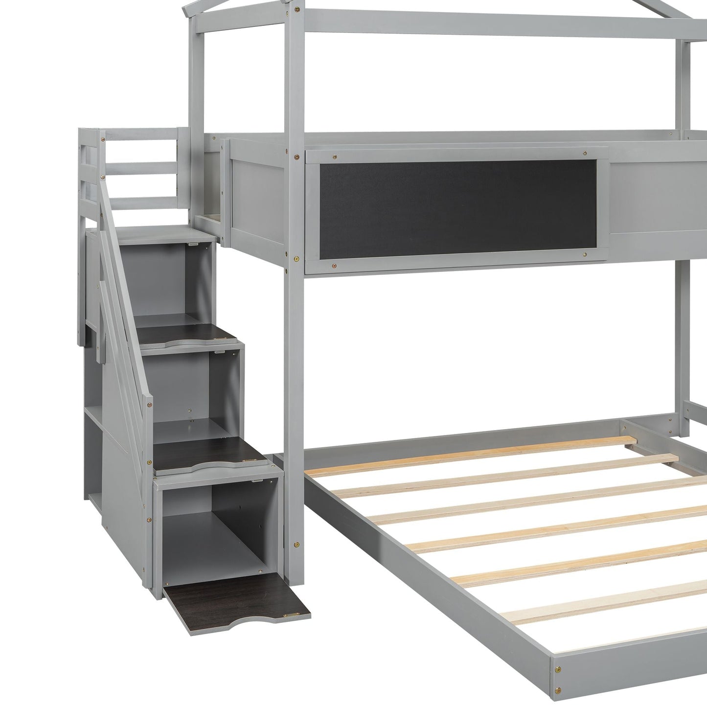 Staircase Storage Twin Over Full Wood House Bunk Bed with Blackboard, Gray and White | Just Better Bunk Beds