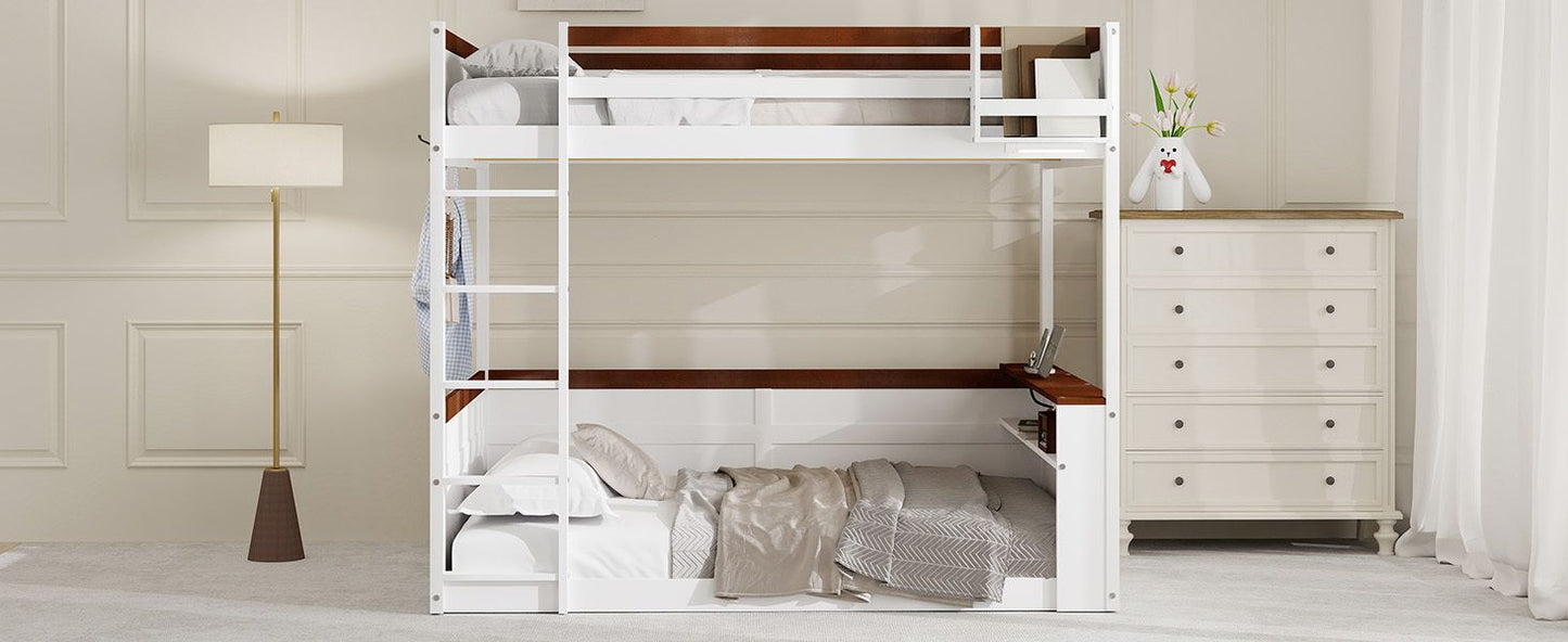 Queen Size Wooden Bunk Bed with Built-in Shelves, Storage Box, LED Light and USB Charging Station, White