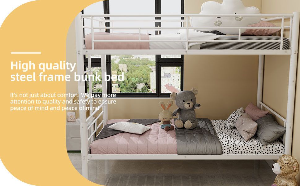 Convertible Twin Over Twin Metal Bunk Bed with Ladder and Guardrail, Metal | Just Better Bunk Beds