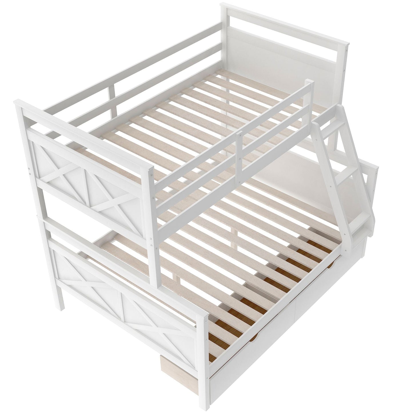 Kids Bedroom Twin Over Full Wood Bunk Bed with Ladder, Two Storage Drawers and Safety Guardrail, White | Just Better Bunk Beds