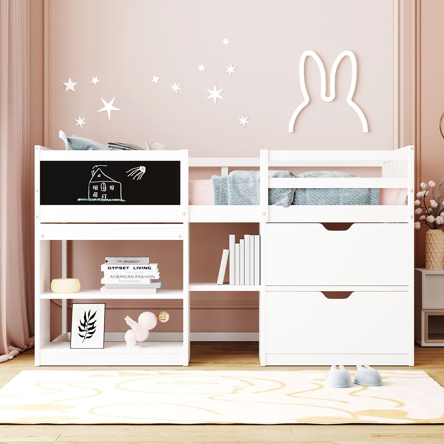 Space-Saving Twin Low Loft Wood Bed with Rolling Desk, Shelf, Drawers, White | Just Better Bunk Beds