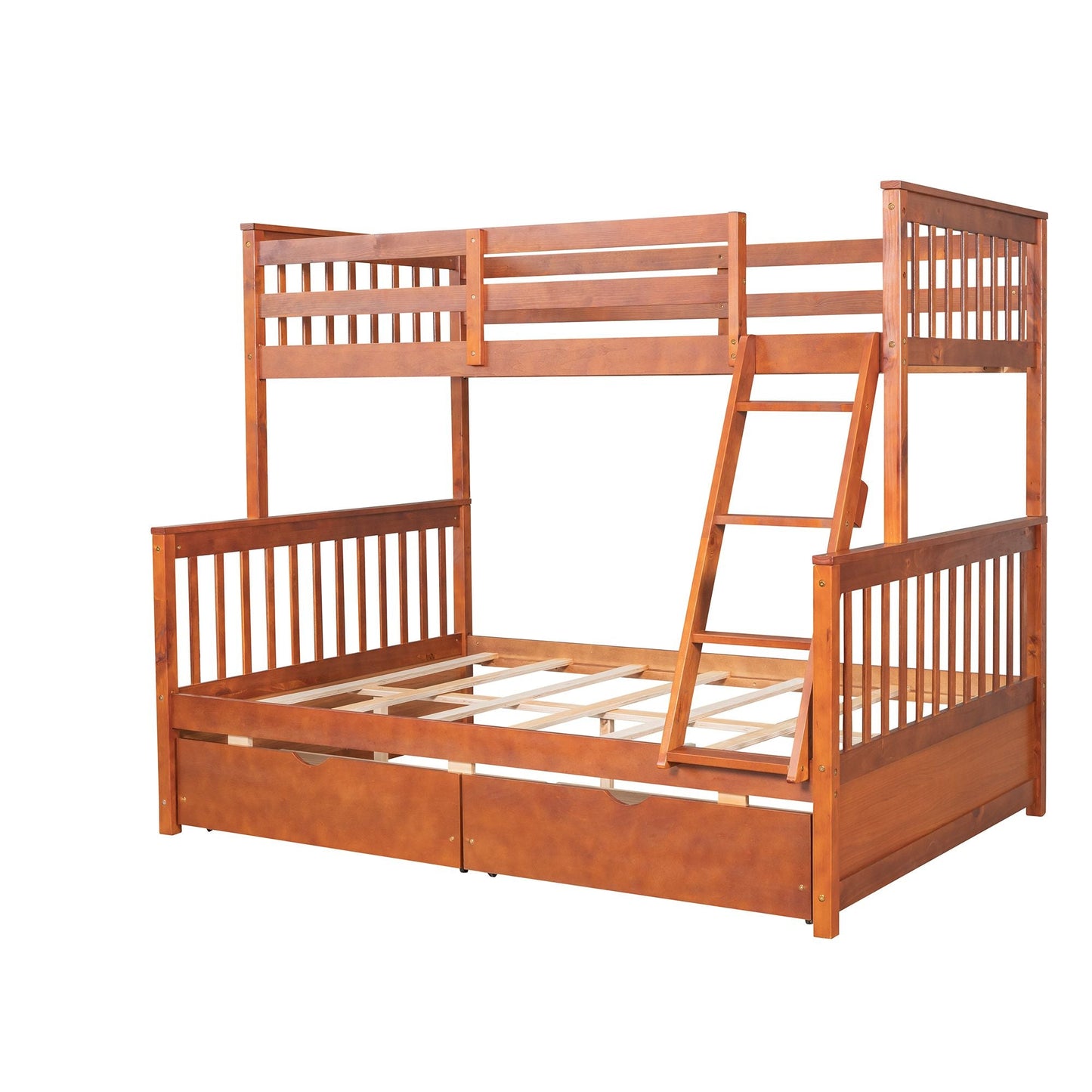 Space-Saving Twin Over Full Wood Bunk Bed with Ladders and Storage Drawers, Walnut | Just Better Bunk Beds
