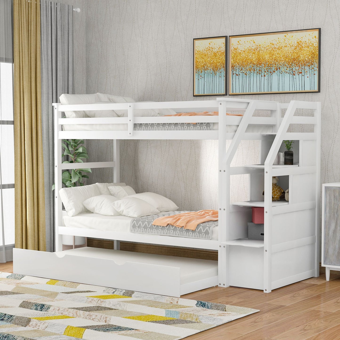 Twin-Over-Twin Bunk Bed with Twin Size Trundle and 3 Storage Stairs White