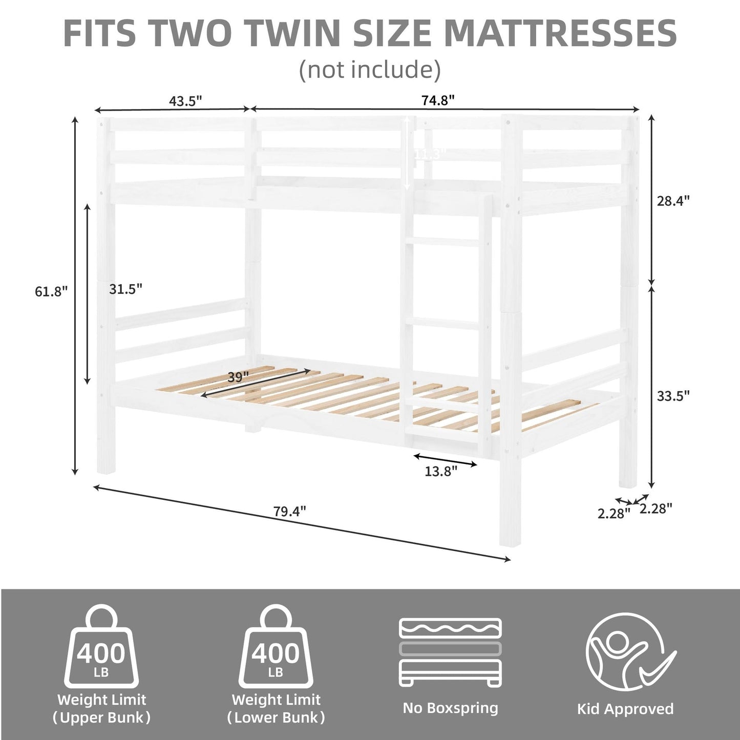 Heavy-Duty Twin Over Twin Wood Bunk Bed, White with Thick Posts, Ladder, and High Guardrail | Just Better Bunk Beds