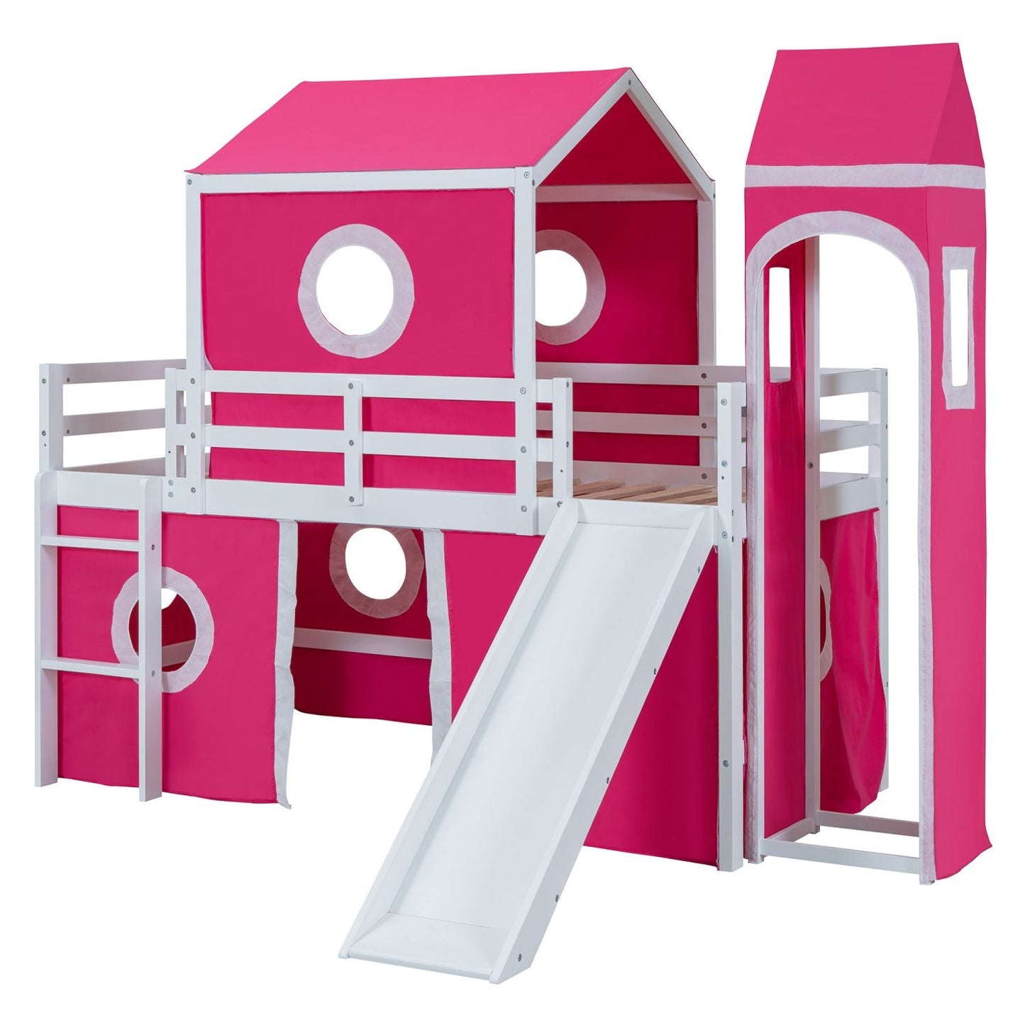 Kids Bedroom Twin Loft Bed with Slide, Pink Tent and Tower, Pink Wood | Just Better Bunk Beds