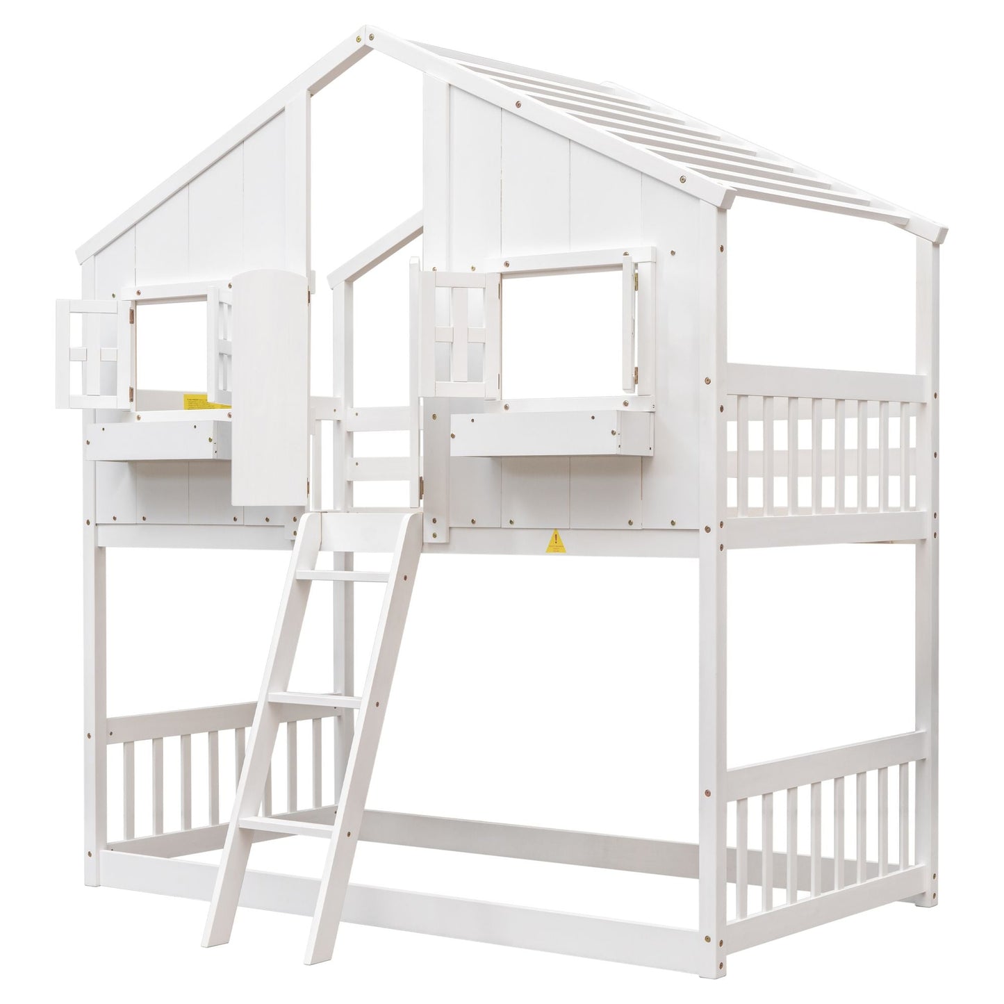 House-Style Twin Over Twin Wood Bunk Bed with Roof, Window, Door, and Ladder, Multiple Colors | Just Better Bunk Beds