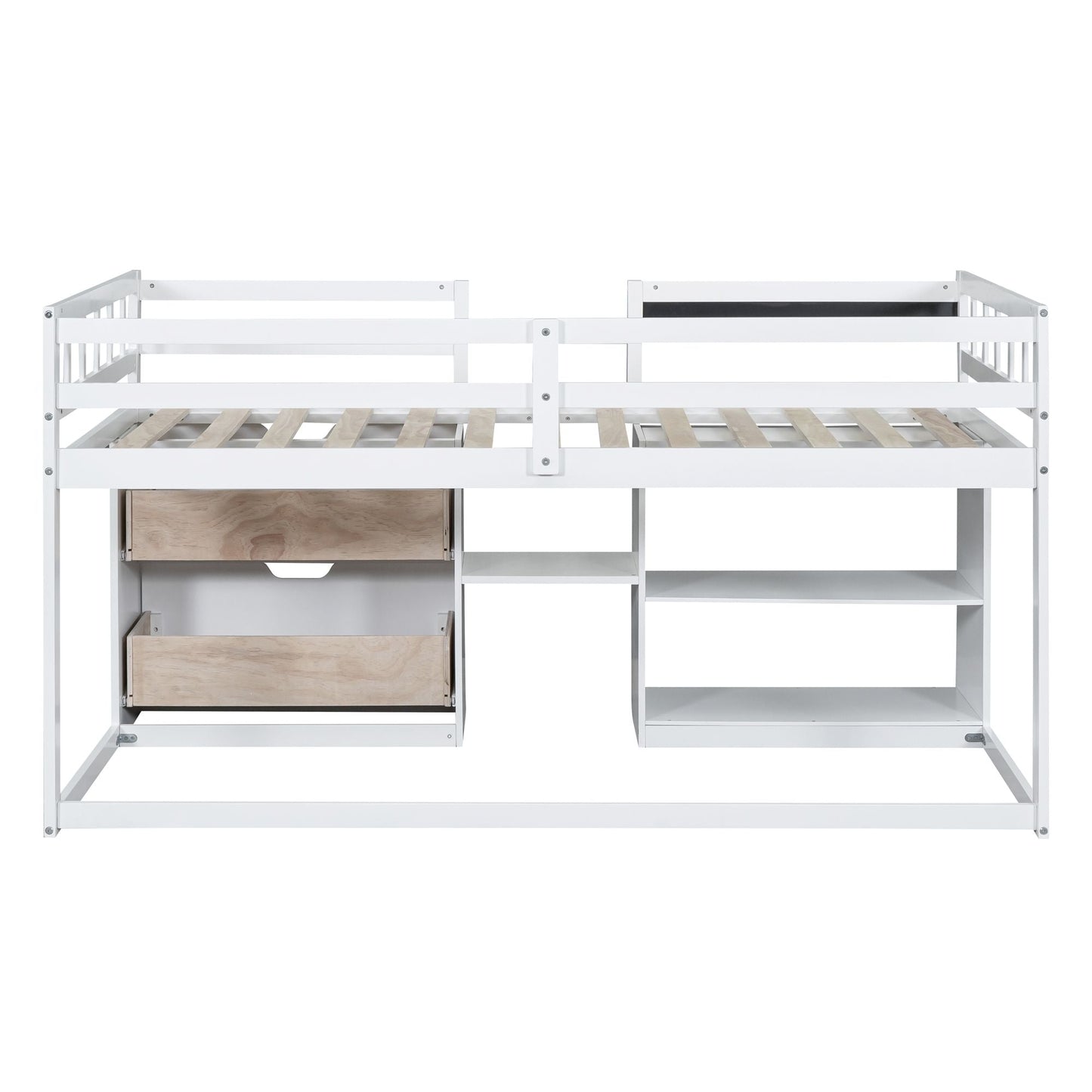 Space-Saving Twin Low Loft Wood Bed with Rolling Desk, Shelf, Drawers, White | Just Better Bunk Beds
