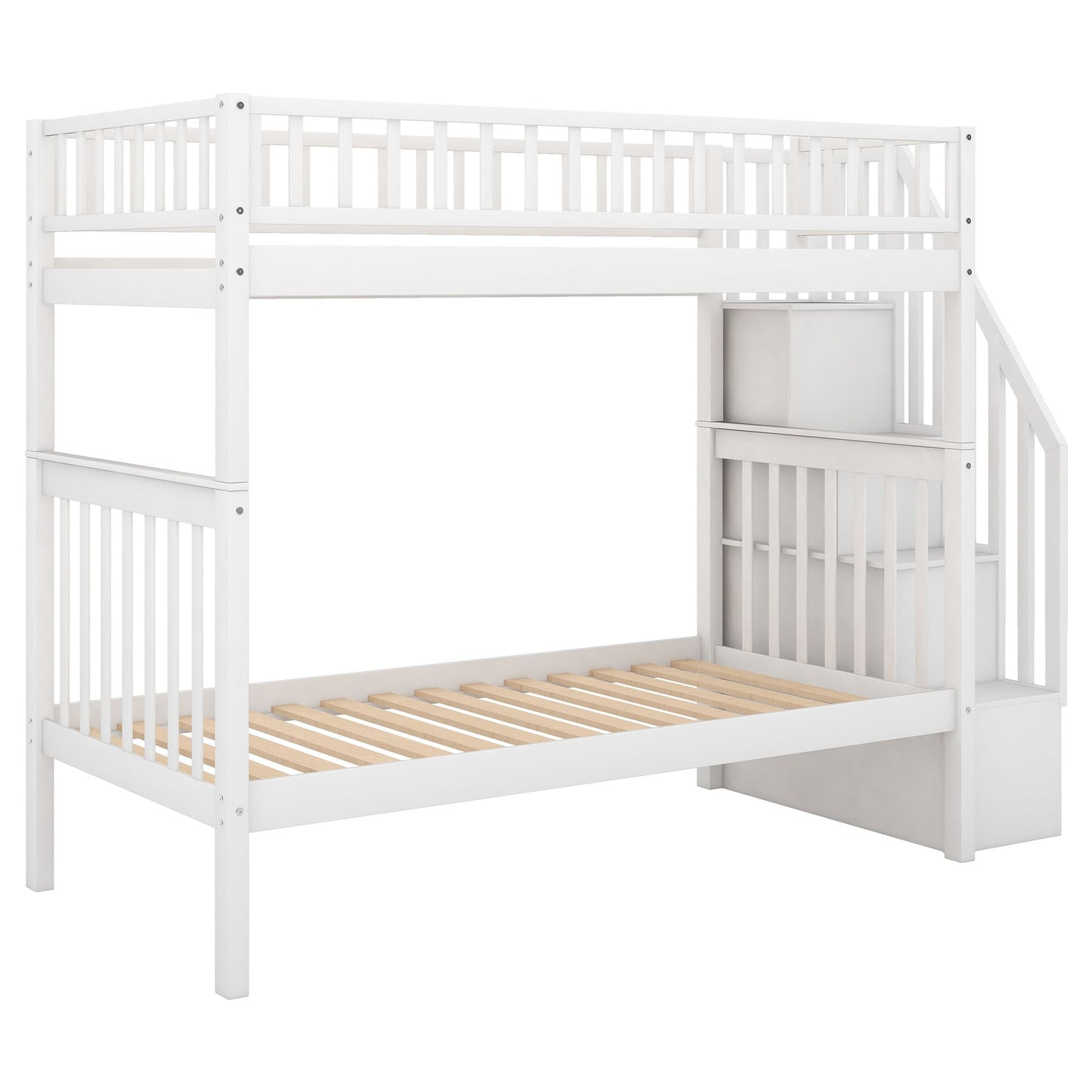 Shared Room Solution Twin Over Twin Wood Bunk Bed with Trundle and Storage, White | Just Better Bunk Beds