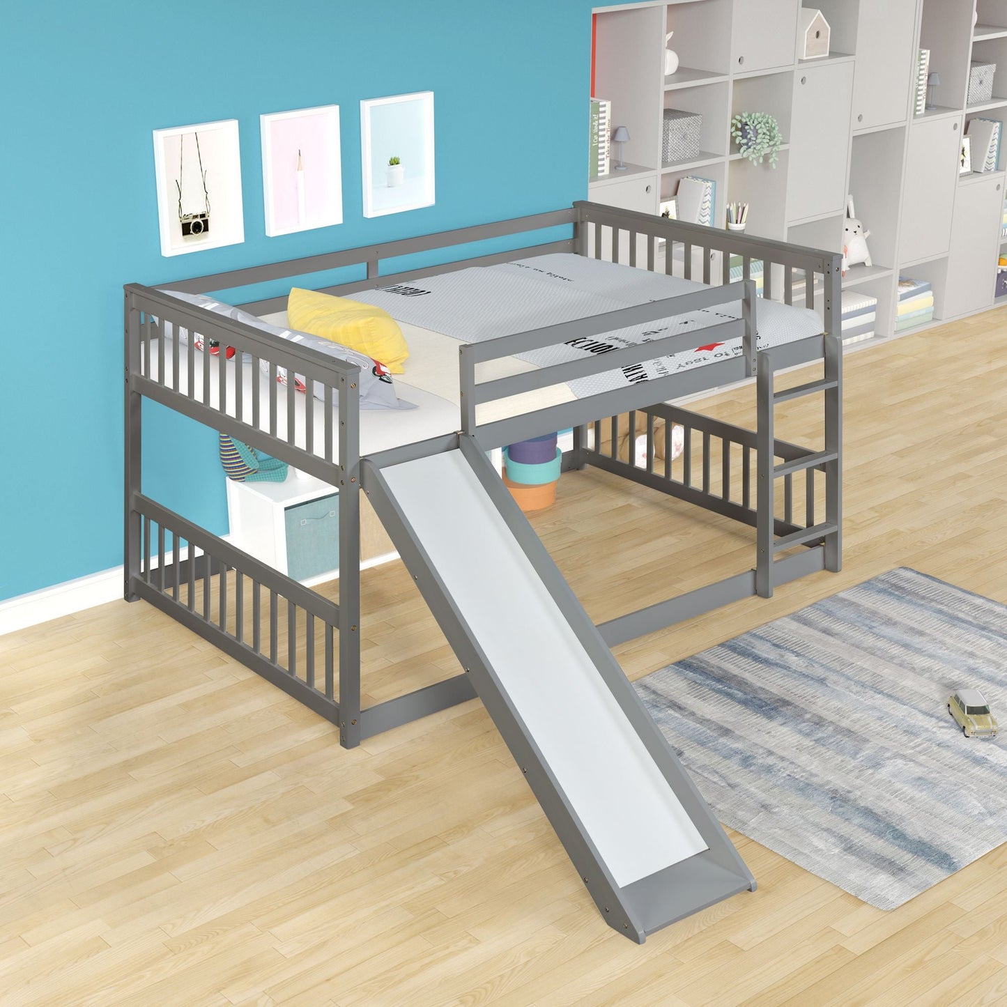 Space-Saving Full Over Full Wood Bunk Bed with Slide and Safety Guardrails, White | Just Better Bunk Beds