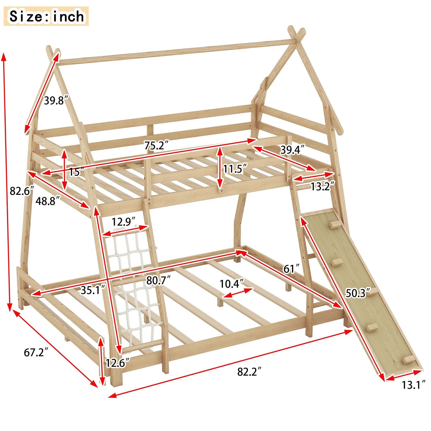 Shared Room Solution Twin Over Queen Wood House Bunk Bed with Climbing Nets and Ramp, Natural | Just Better Bunk Beds