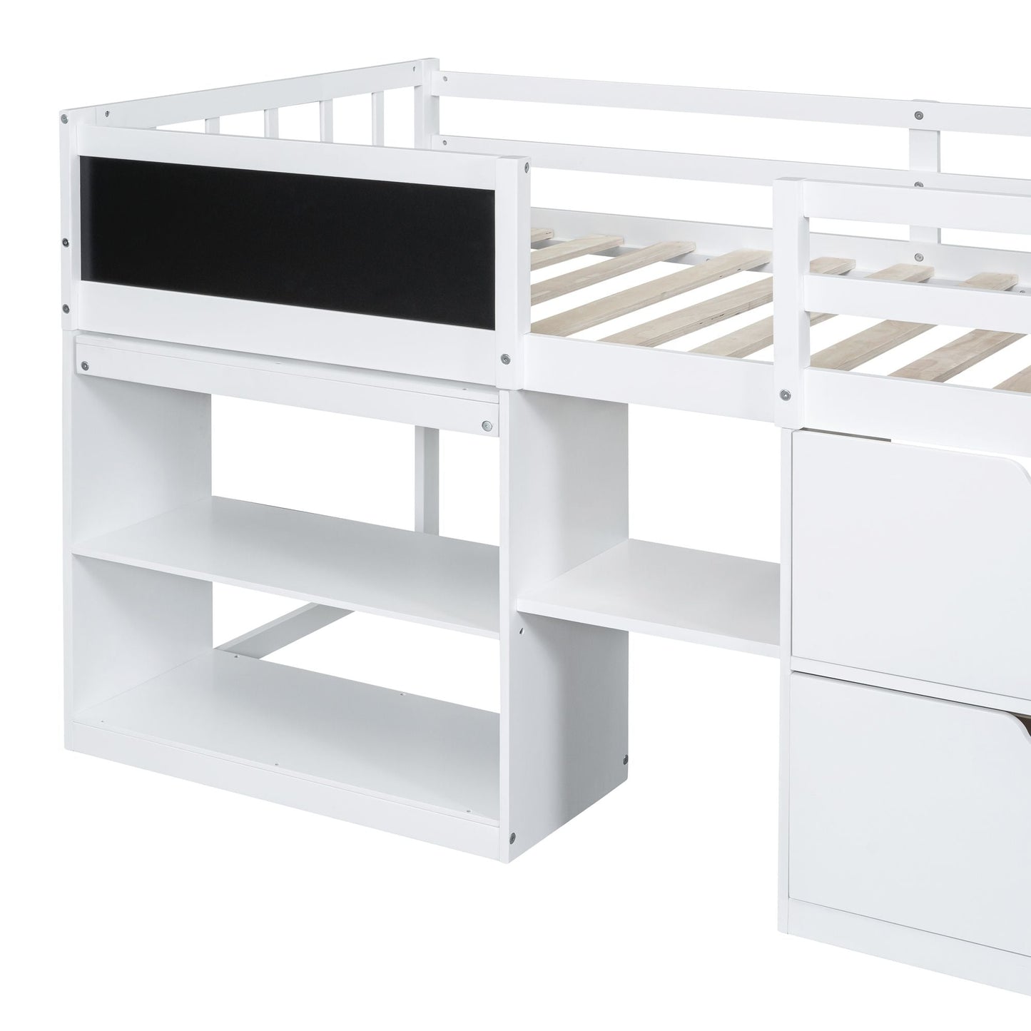 Space-Saving Twin Low Loft Wood Bed with Rolling Desk, Shelf, Drawers, White | Just Better Bunk Beds