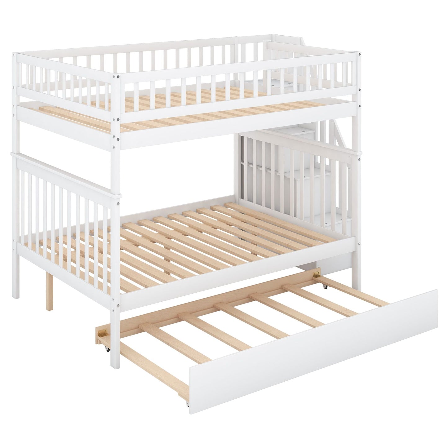 Space-Saving Full Over Full Wood Bunk Bed with Trundle and Staircase, Gray and White | Just Better Bunk Beds